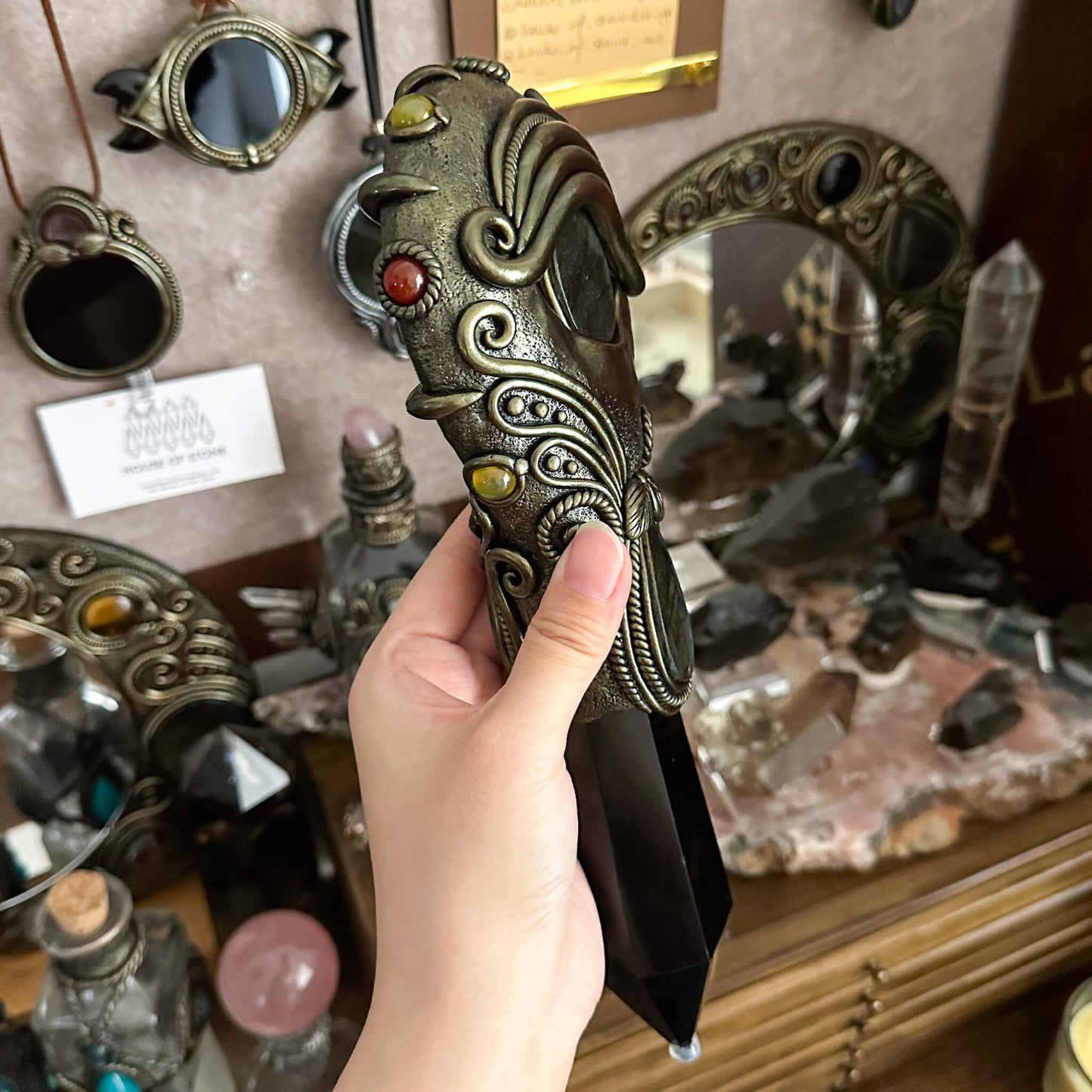 Handmade Natural Black Obsidian Mirror/Magic Obsidian Witch Wand/Crystal Quartz Wand/Scrying Mirror Wand/Root Chakra/Manifest Altar Tool