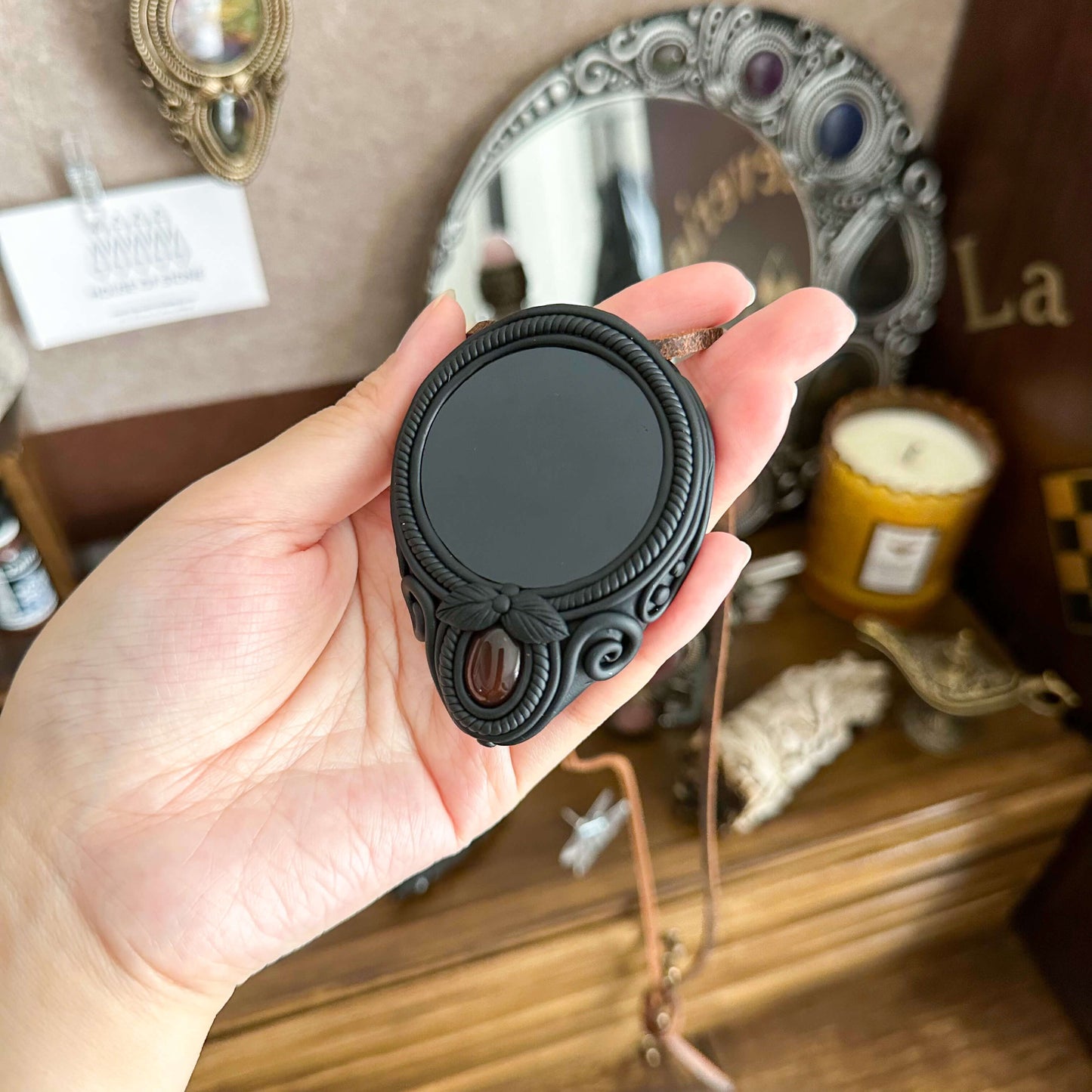 Natural Handmade Black Obsidian Pendant Necklace/Magic Obsidian Mirror Crystal Pendant/Scrying Mirror Red Agate Jewelry/Altar Tool