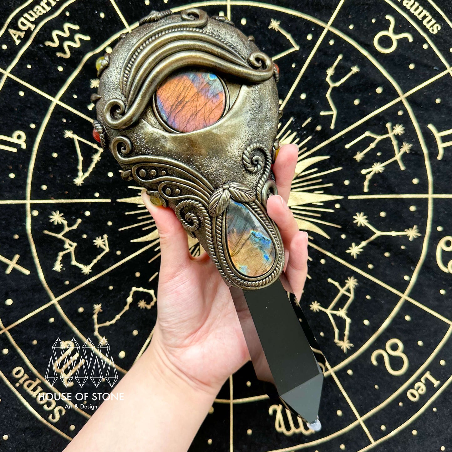 Handmade Natural Black Obsidian Mirror/Magic Obsidian Witch Wand/Crystal Quartz Wand/Scrying Mirror Wand/Root Chakra/Manifest Altar Tool