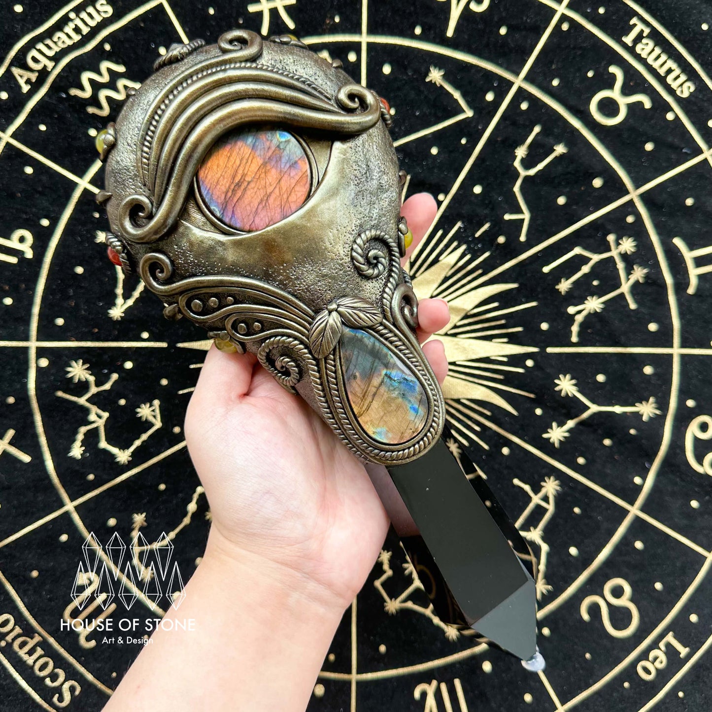 Handmade Natural Black Obsidian Mirror/Magic Obsidian Witch Wand/Crystal Quartz Wand/Scrying Mirror Wand/Root Chakra/Manifest Altar Tool