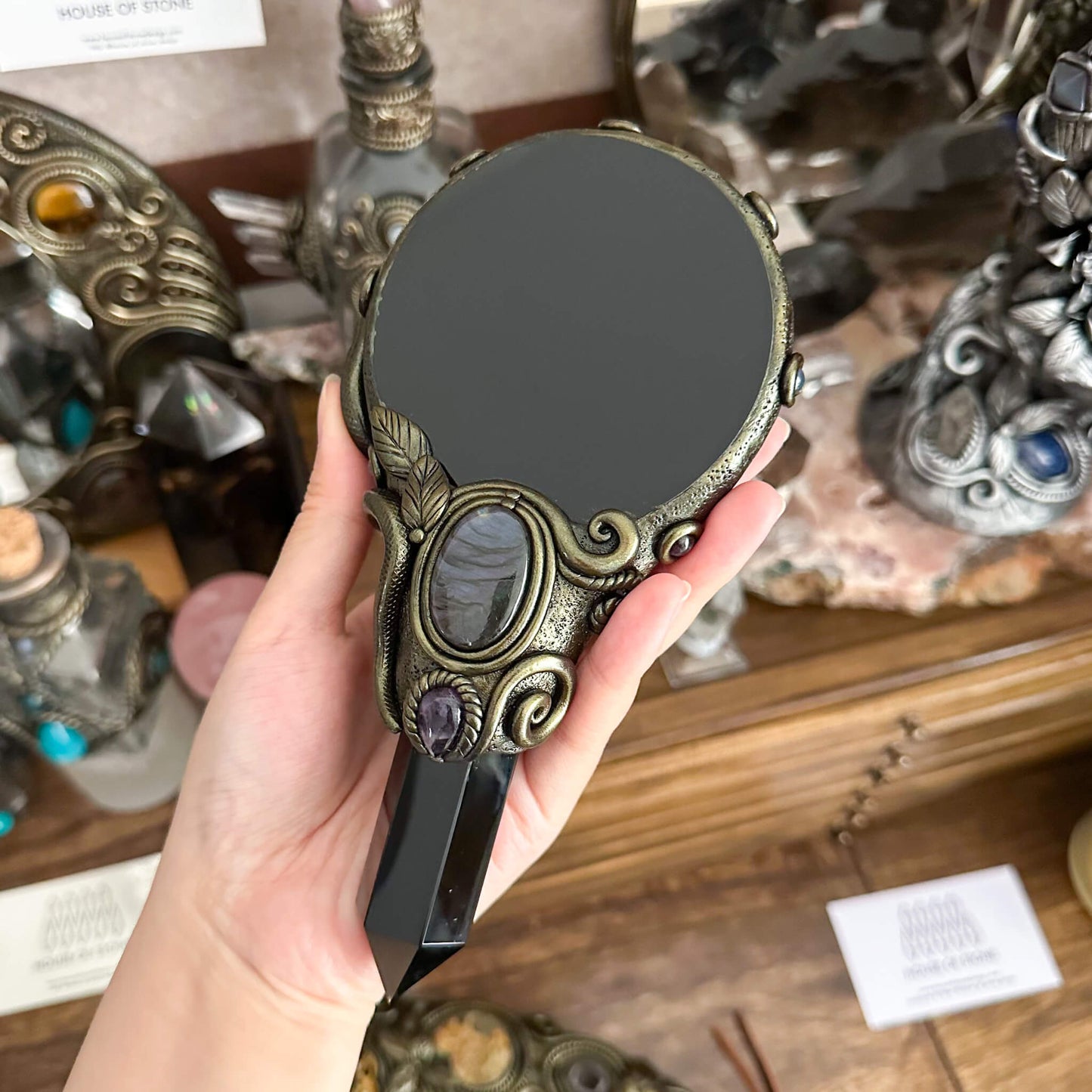 Handmade Natural Black Obsidian Mirror/Magic Obsidian Witch Wand/Crystal Quartz Wand/Scrying Mirror Wand/Root Chakra/Manifest Altar Tool