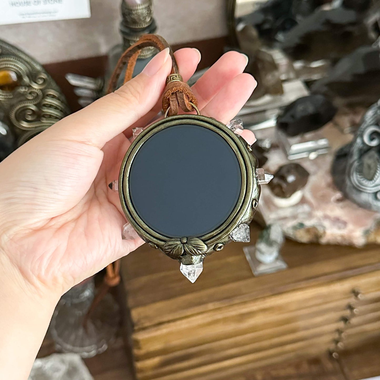 Handmade Natural Black Obsidian Pendant Necklace/Magic Obsidian Mirror Crystal Pendant/Scrying Mirror Talisman Protection Jewelry/Altar Tool