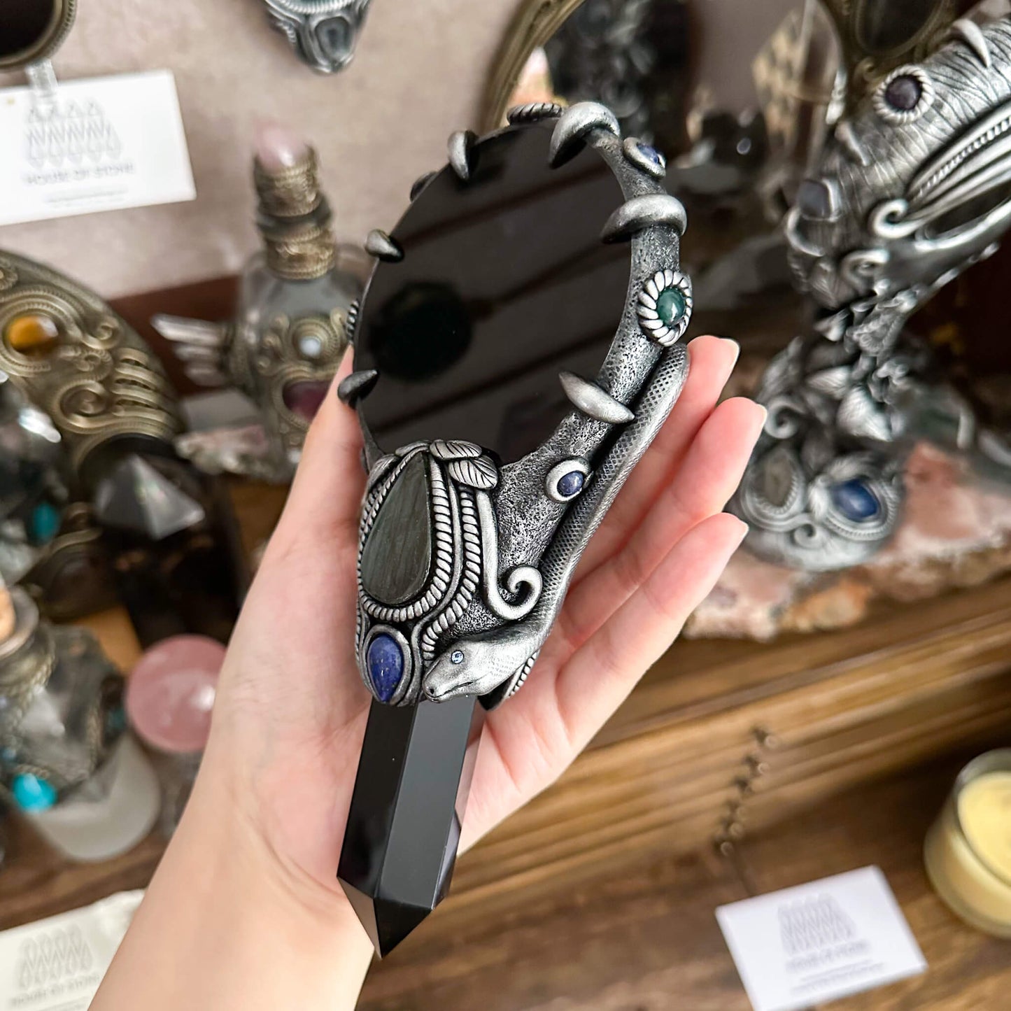 Handmade Natural Black Obsidian Mirror/Magic Obsidian Witch Wand/Crystal Quartz Wand/Scrying Mirror Wand/Root Chakra/Manifest Altar Tool