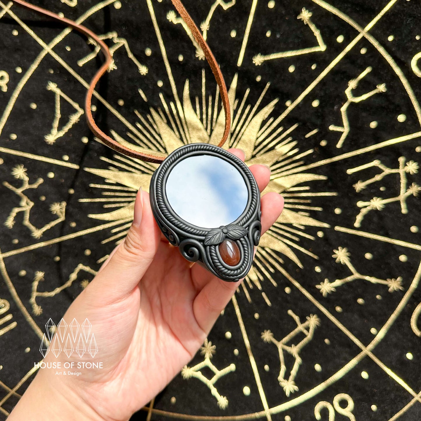 Natural Handmade Black Obsidian Pendant Necklace/Magic Obsidian Mirror Crystal Pendant/Scrying Mirror Red Agate Jewelry/Altar Tool