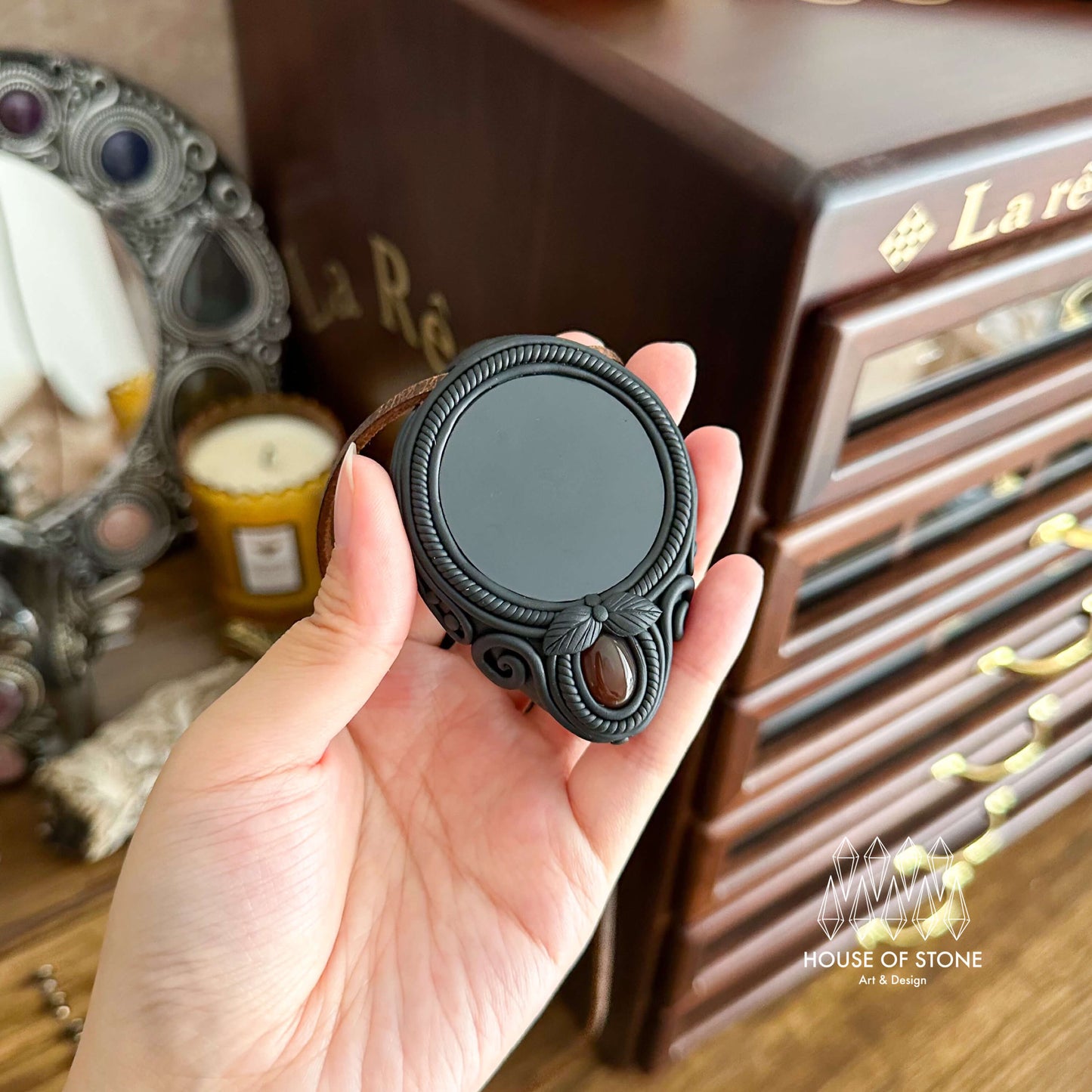 Natural Handmade Black Obsidian Pendant Necklace/Magic Obsidian Mirror Crystal Pendant/Scrying Mirror Red Agate Jewelry/Altar Tool