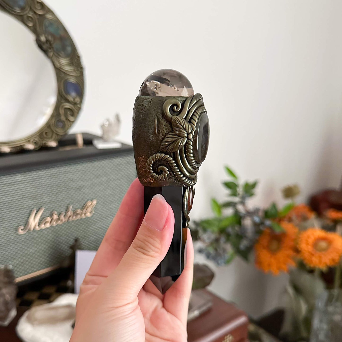 Handmade Natural Smoky Quartz Pendant Necklace/Magic Crystal Black Obsidian Pendant/Ammonite Necklace/Root Chakra/Manifest Altar Tool