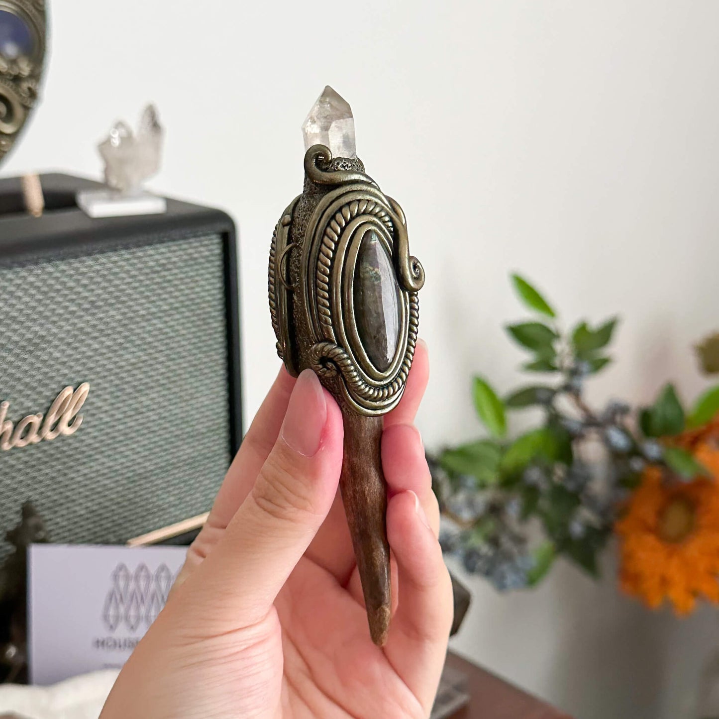 Handmade Natural Crystal Quartz Antler Pendant/Magic Crystal Necklace/Agate Labradorite Pendant/Root Chakra/Boho Necklace/Altar Tool