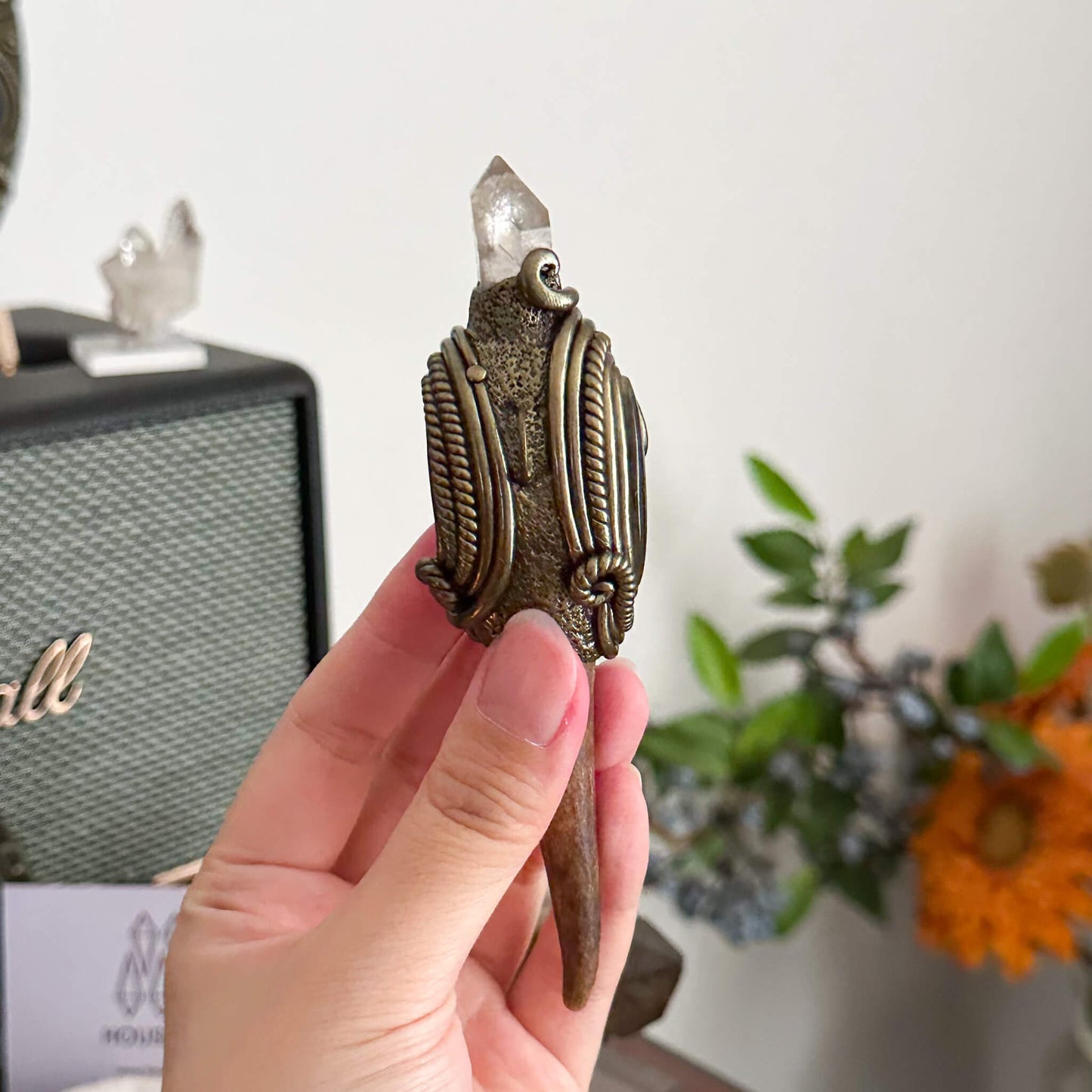 Handmade Natural Crystal Quartz Antler Pendant/Magic Crystal Necklace/Agate Labradorite Pendant/Root Chakra/Boho Necklace/Altar Tool