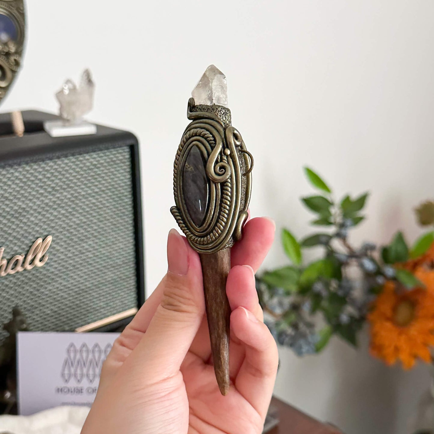 Handmade Natural Crystal Quartz Antler Pendant/Magic Crystal Necklace/Agate Labradorite Pendant/Root Chakra/Boho Necklace/Altar Tool