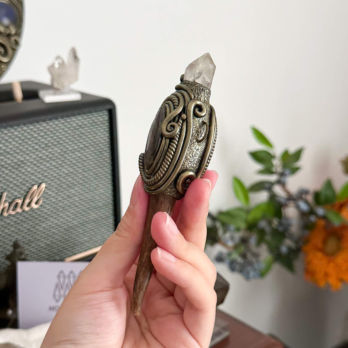 Handmade Natural Crystal Quartz Antler Pendant/Magic Crystal Necklace/Agate Labradorite Pendant/Root Chakra/Boho Necklace/Altar Tool