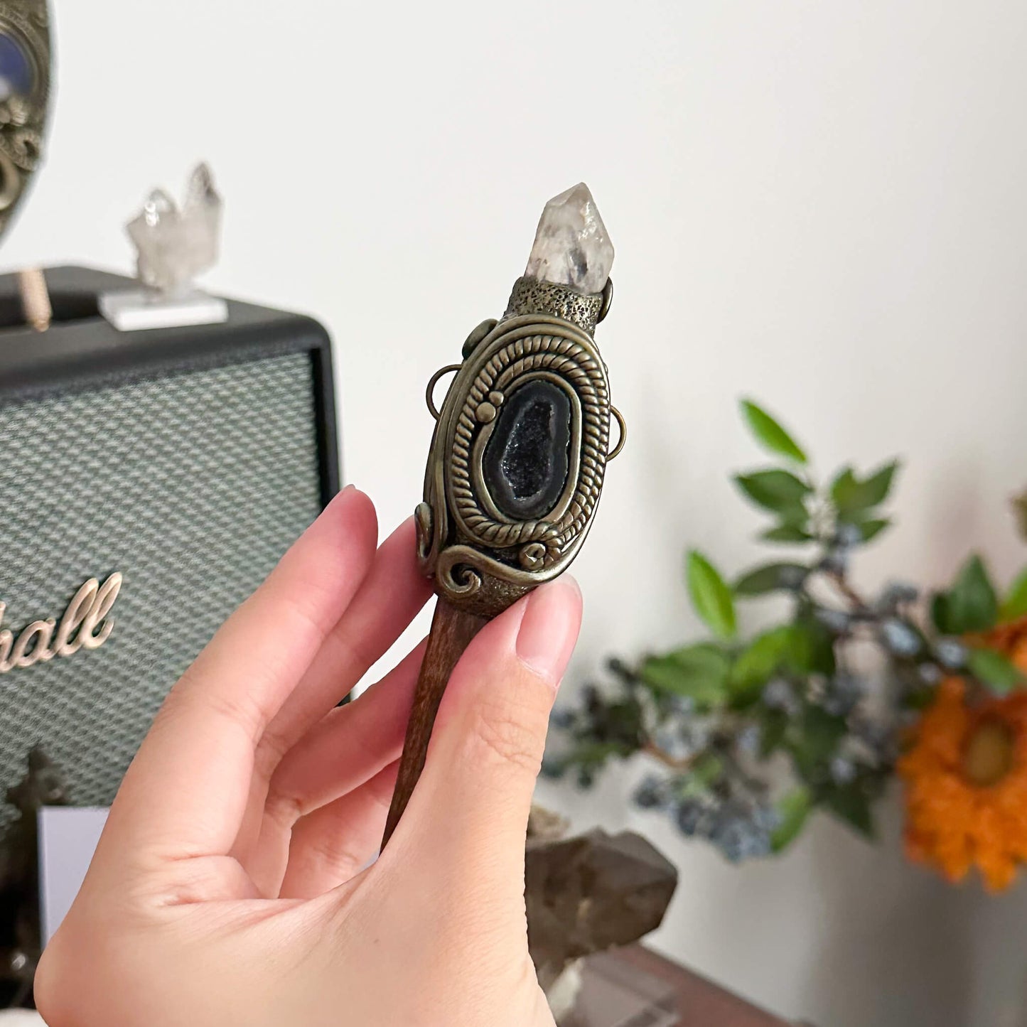 Handmade Natural Crystal Quartz Antler Pendant/Magic Crystal Necklace/Agate Labradorite Pendant/Root Chakra/Boho Necklace/Altar Tool