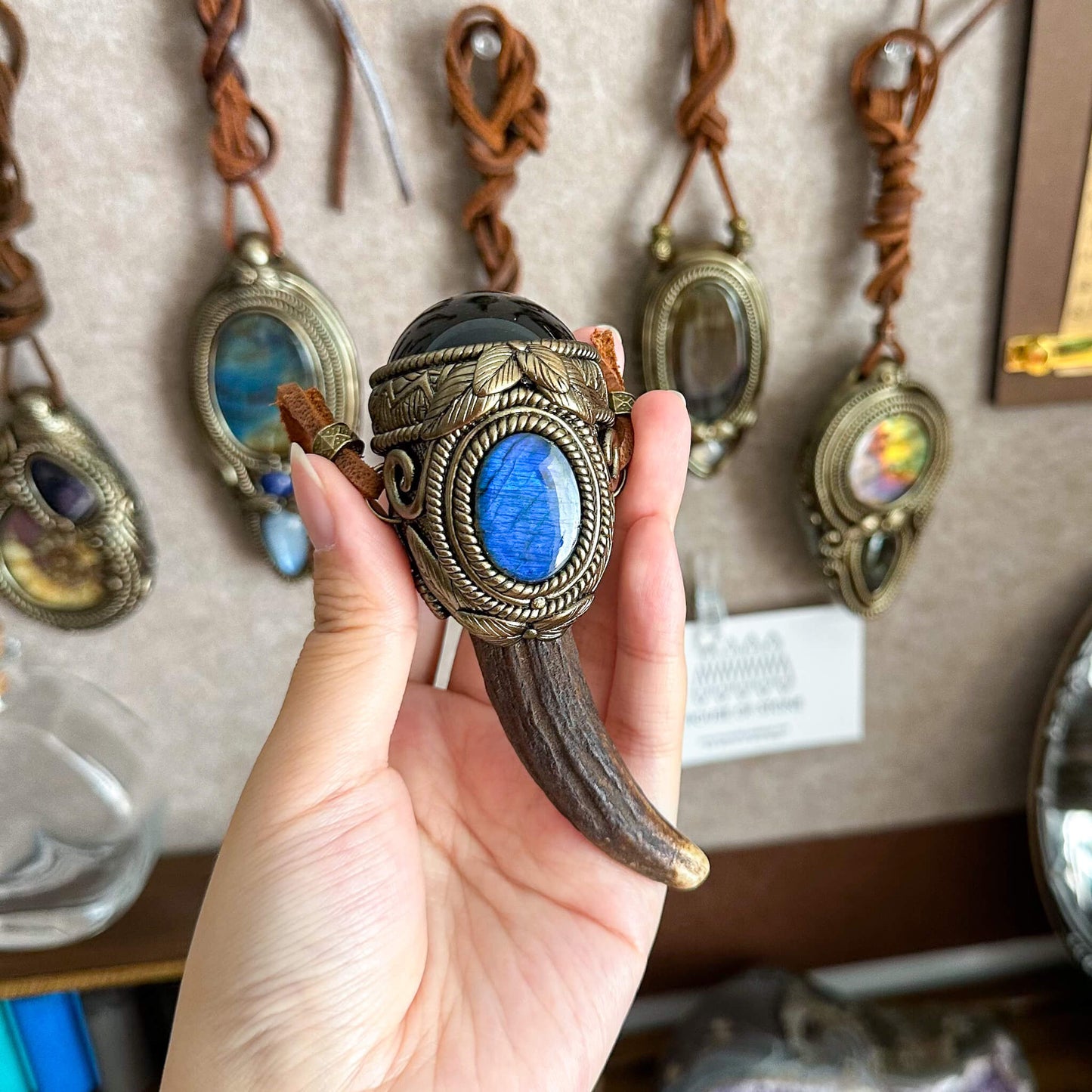 Natural Handmade Gold Obsidian Antler Pendant Necklace/Magic Obsidian Crystal Double-sided Pendant/Labradorite Jewelry/Chakra/Altar Tool