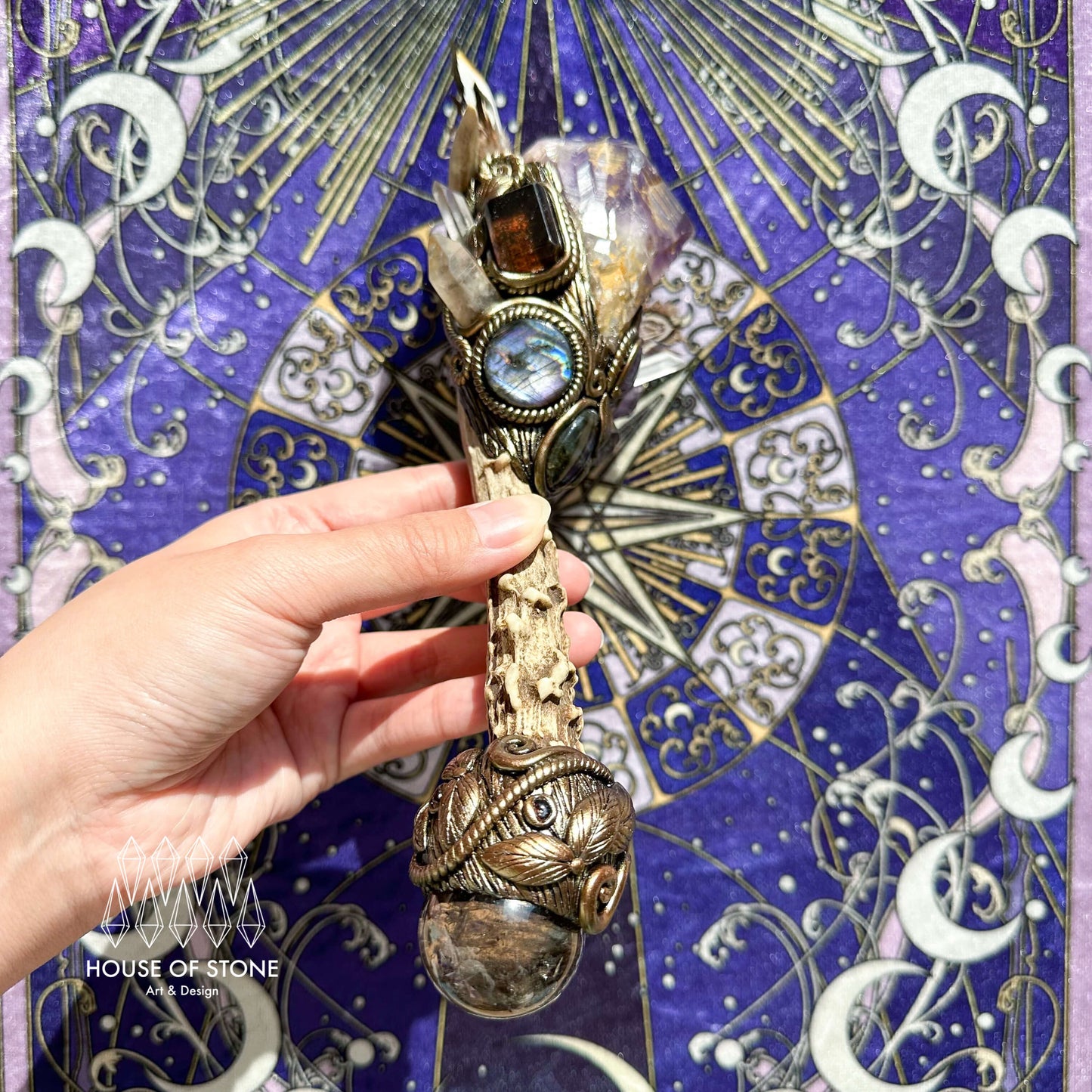 Natural Handmade Crystal Amethyst Antler Wand/Magic Clear Quartz Witch Wand/Labradorite Amethyst Garden Quartz Antler Stem/Chakra/Altar Tool