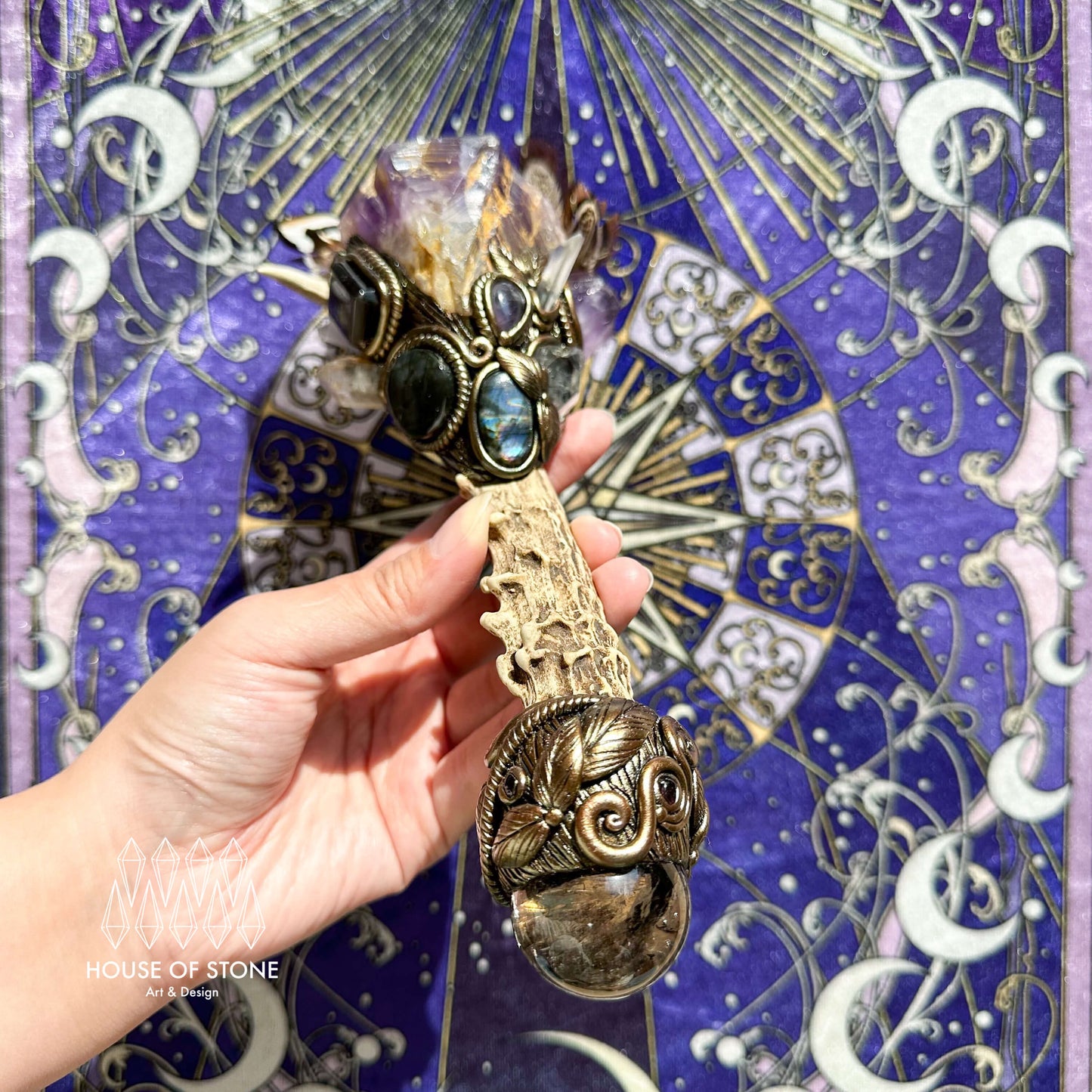 Natural Handmade Crystal Amethyst Antler Wand/Magic Clear Quartz Witch Wand/Labradorite Amethyst Garden Quartz Antler Stem/Chakra/Altar Tool