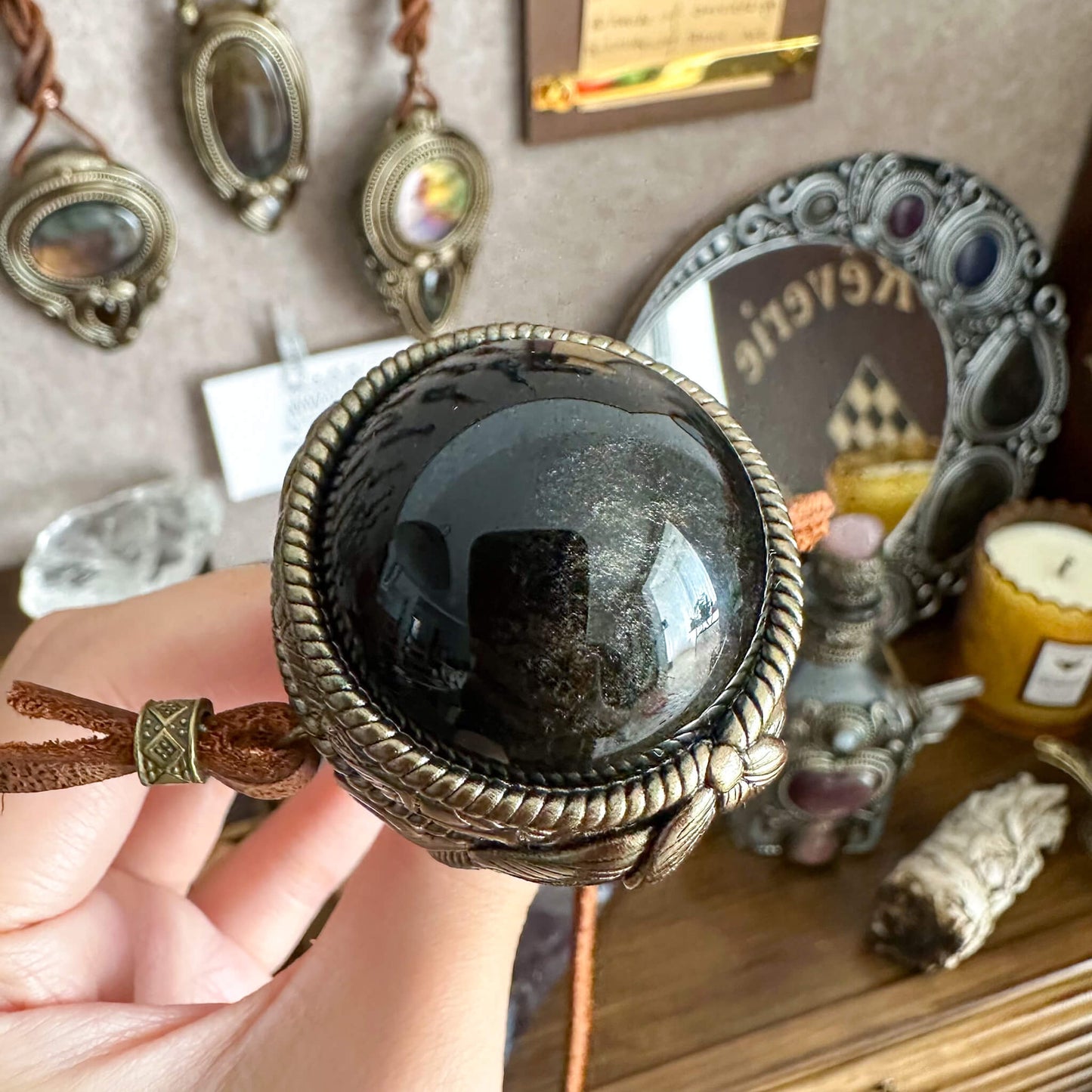 Natural Handmade Gold Obsidian Antler Pendant Necklace/Magic Obsidian Crystal Double-sided Pendant/Labradorite Jewelry/Chakra/Altar Tool