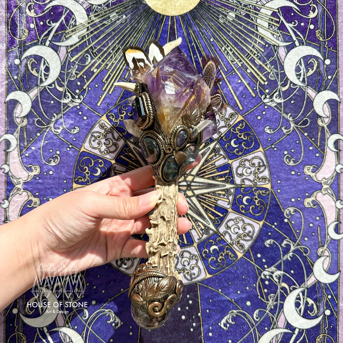 Natural Handmade Crystal Amethyst Antler Wand/Magic Clear Quartz Witch Wand/Labradorite Amethyst Garden Quartz Antler Stem/Chakra/Altar Tool