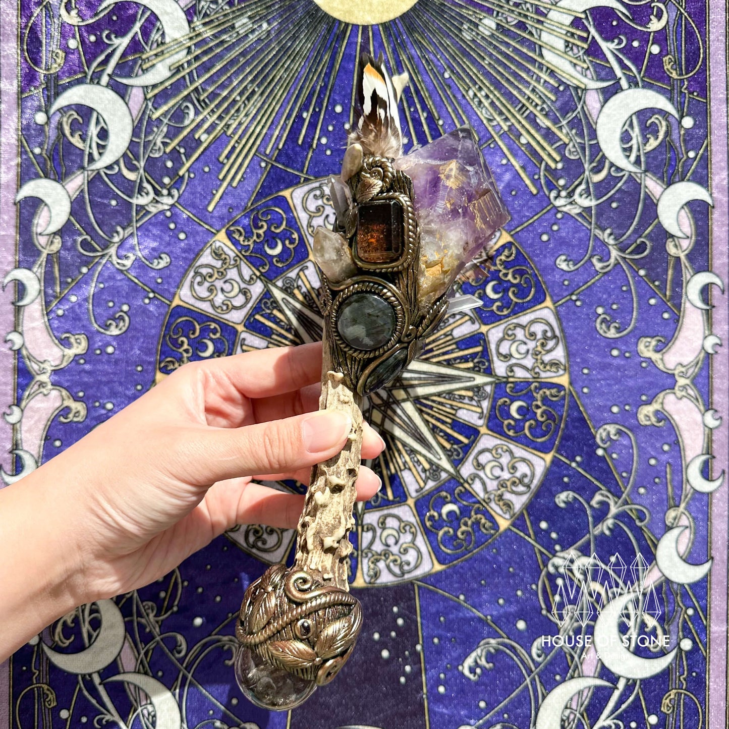 Natural Handmade Crystal Amethyst Antler Wand/Magic Clear Quartz Witch Wand/Labradorite Amethyst Garden Quartz Antler Stem/Chakra/Altar Tool