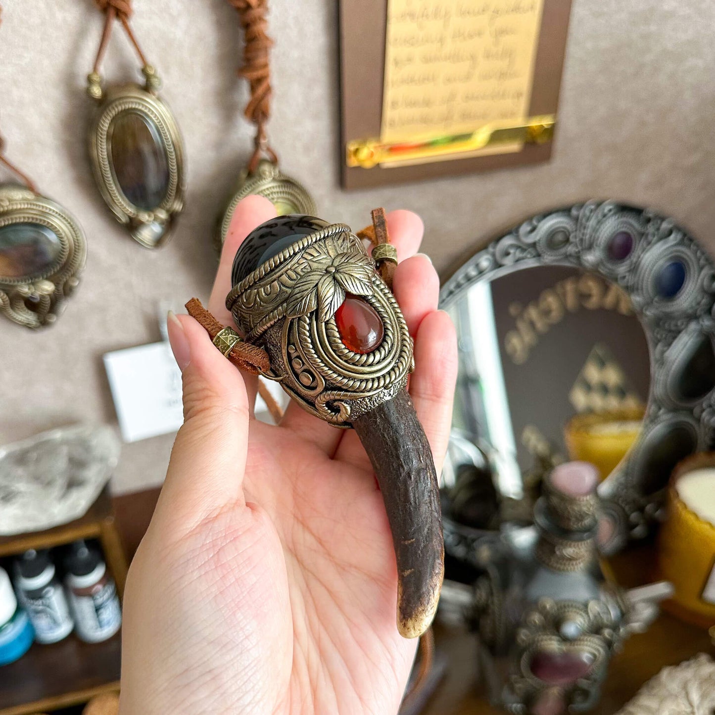 Natural Handmade Gold Obsidian Antler Pendant Necklace/Magic Obsidian Crystal Double-sided Pendant/Labradorite Jewelry/Chakra/Altar Tool