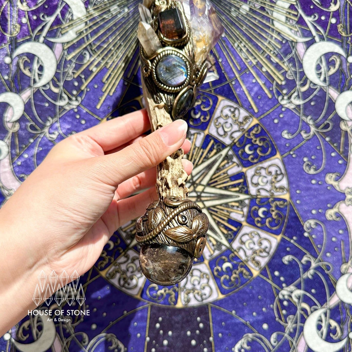 Natural Handmade Crystal Amethyst Antler Wand/Magic Clear Quartz Witch Wand/Labradorite Amethyst Garden Quartz Antler Stem/Chakra/Altar Tool