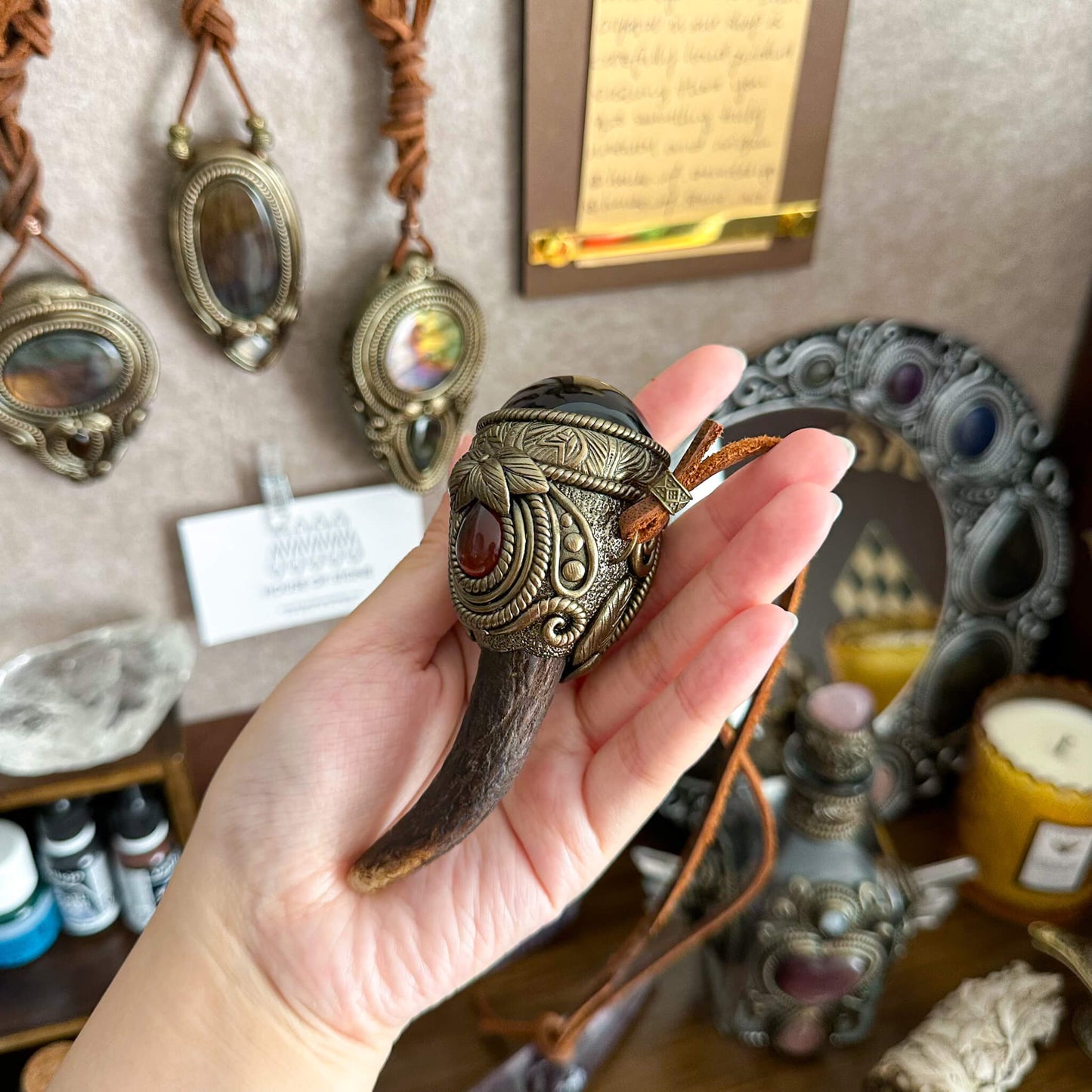 Natural Handmade Gold Obsidian Antler Pendant Necklace/Magic Obsidian Crystal Double-sided Pendant/Labradorite Jewelry/Chakra/Altar Tool