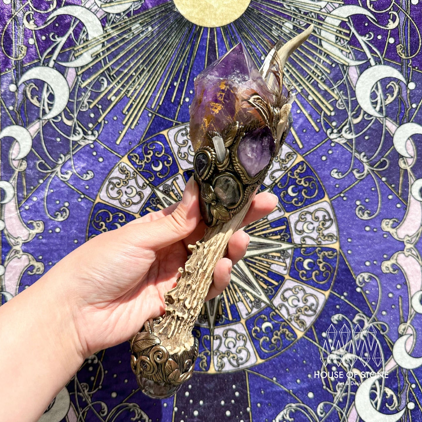 Natural Handmade Crystal Amethyst Antler Wand/Magic Clear Quartz Witch Wand/Labradorite Amethyst Garden Quartz Antler Stem/Chakra/Altar Tool