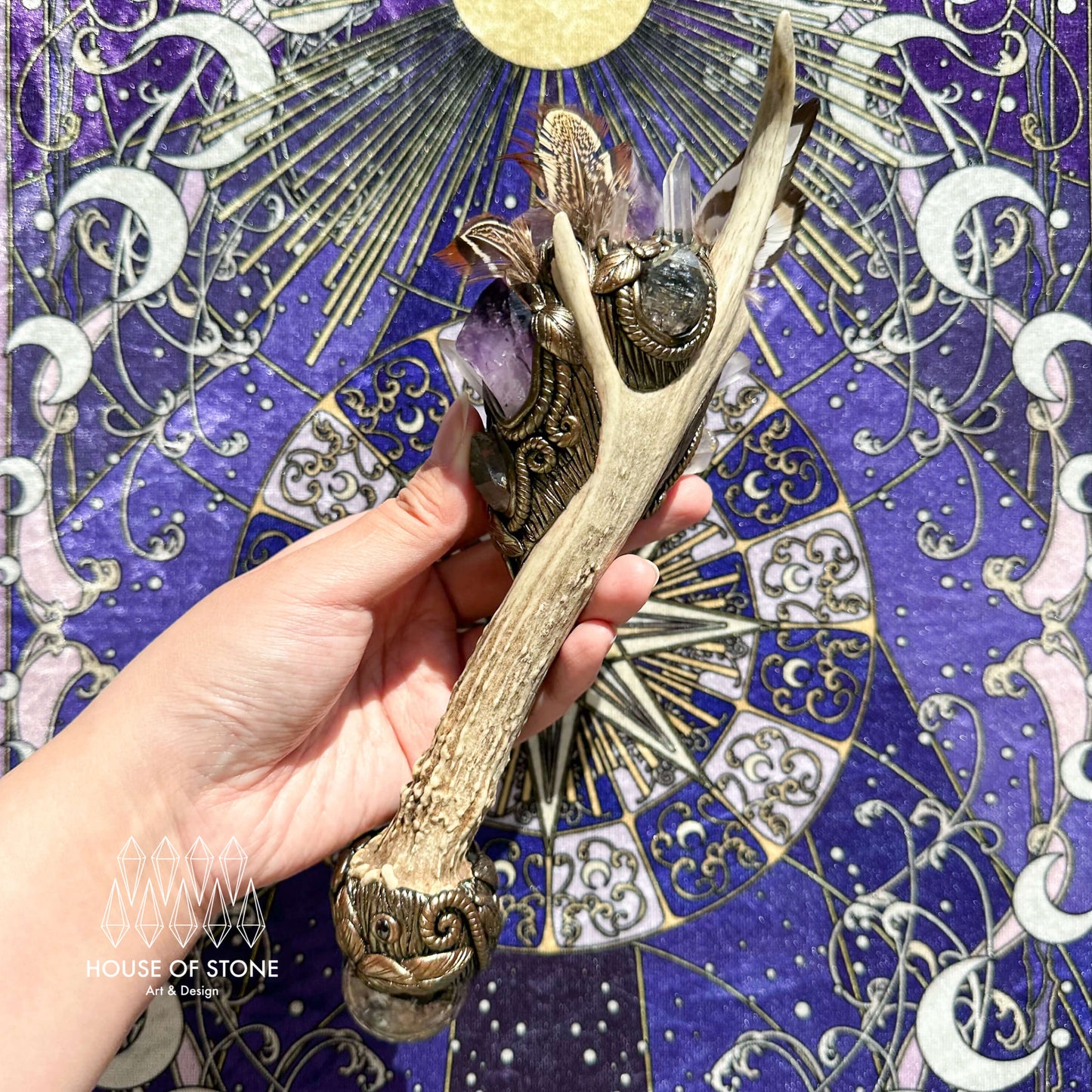 Natural Handmade Crystal Amethyst Antler Wand/Magic Clear Quartz Witch Wand/Labradorite Amethyst Garden Quartz Antler Stem/Chakra/Altar Tool