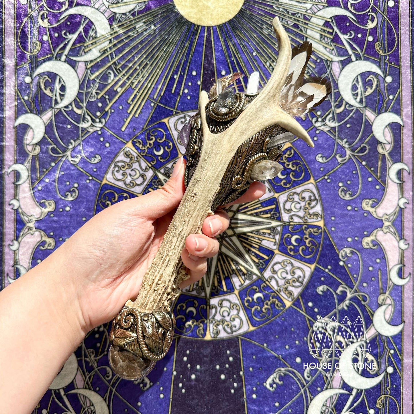 Natural Handmade Crystal Amethyst Antler Wand/Magic Clear Quartz Witch Wand/Labradorite Amethyst Garden Quartz Antler Stem/Chakra/Altar Tool