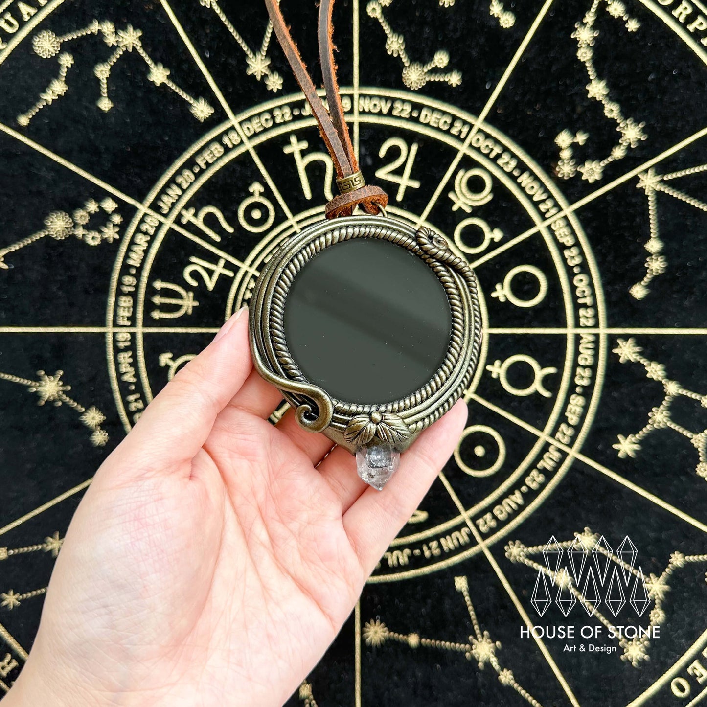 Handmade Natural Black Obsidian Pendant Necklace/Magic Obsidian Mirror Crystal Pendant/Scrying Mirror Talisman Protection Jewelry/Altar Tool
