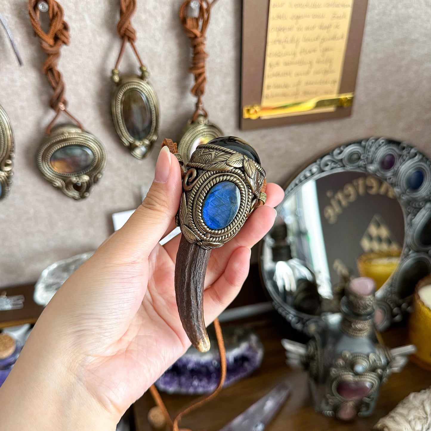 Natural Handmade Gold Obsidian Antler Pendant Necklace/Magic Obsidian Crystal Double-sided Pendant/Labradorite Jewelry/Chakra/Altar Tool
