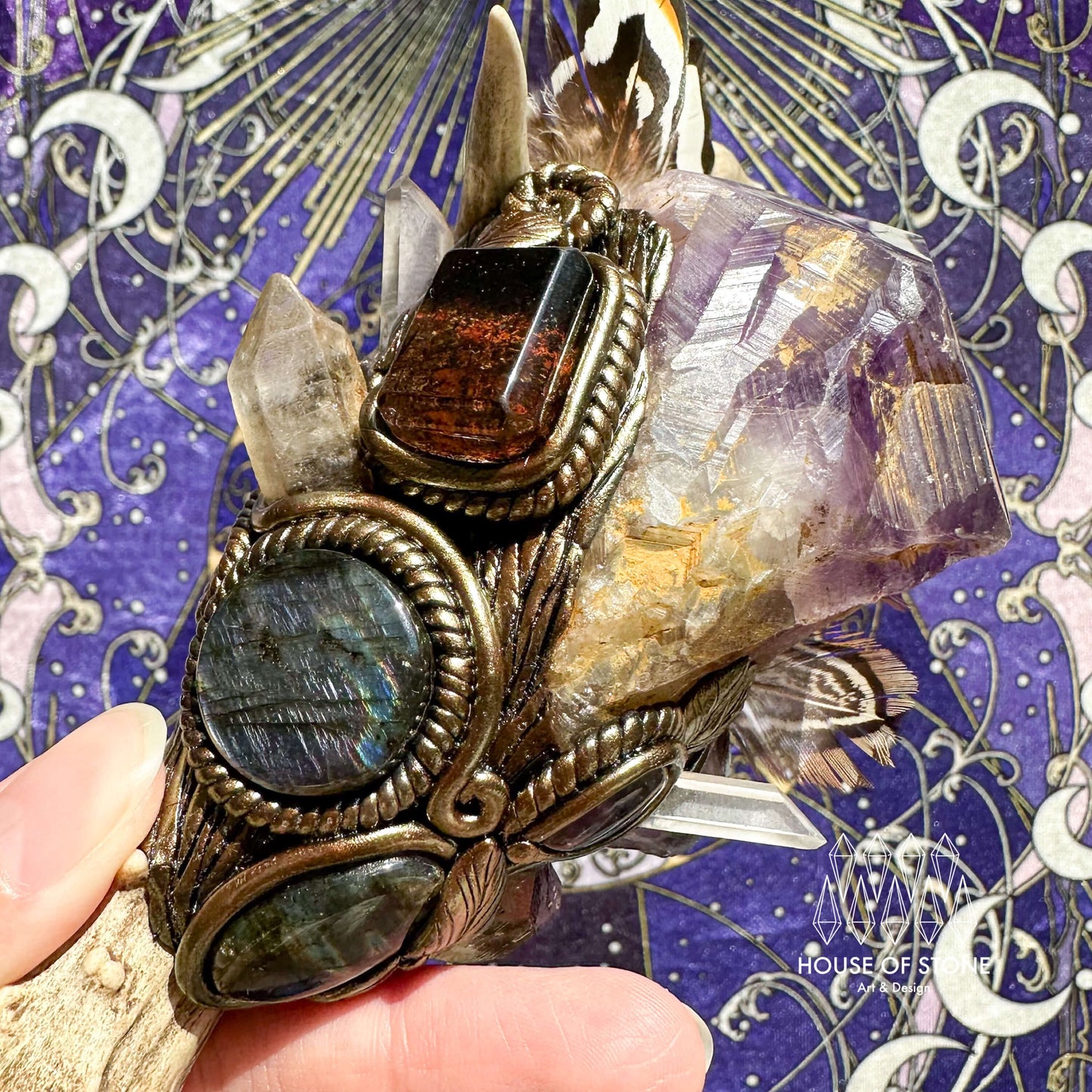 Natural Handmade Crystal Amethyst Antler Wand/Magic Clear Quartz Witch Wand/Labradorite Amethyst Garden Quartz Antler Stem/Chakra/Altar Tool