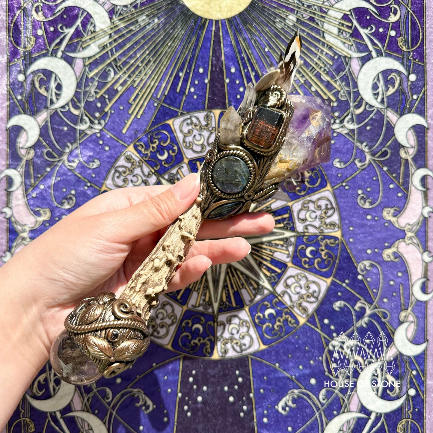 Natural Handmade Crystal Amethyst Antler Wand/Magic Clear Quartz Witch Wand/Labradorite Amethyst Garden Quartz Antler Stem/Chakra/Altar Tool