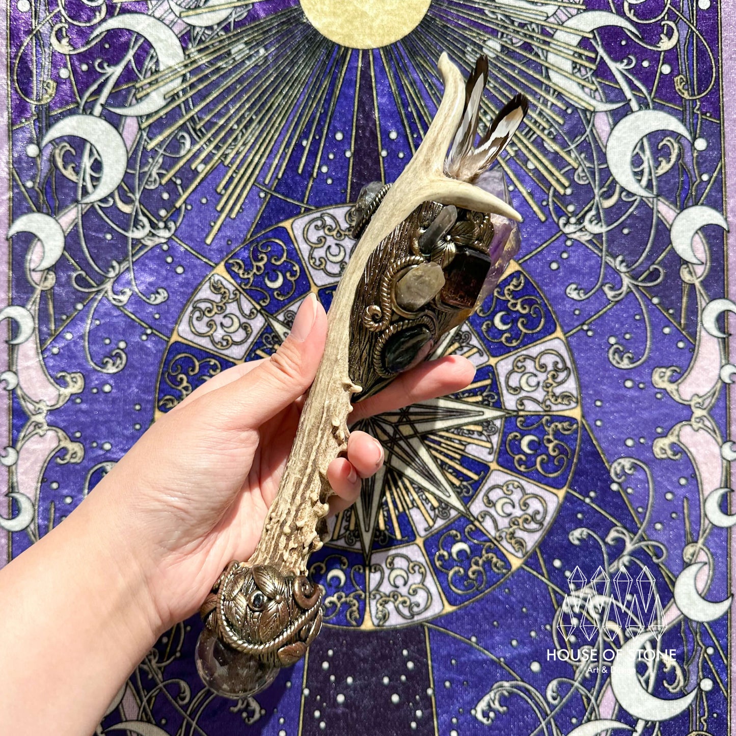 Natural Handmade Crystal Amethyst Antler Wand/Magic Clear Quartz Witch Wand/Labradorite Amethyst Garden Quartz Antler Stem/Chakra/Altar Tool