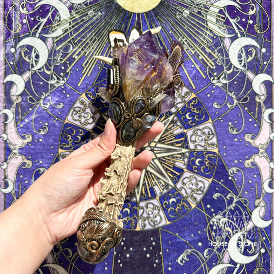 Natural Handmade Crystal Amethyst Antler Wand/Magic Clear Quartz Witch Wand/Labradorite Amethyst Garden Quartz Antler Stem/Chakra/Altar Tool