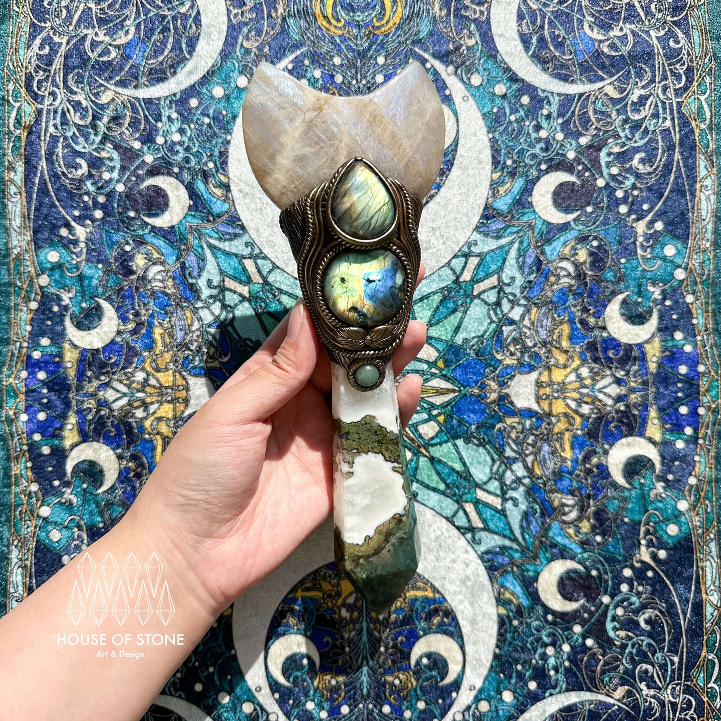 Natural Handmade Moss Agate Crystal Wand/Magic Witch Crystal Wand/Moonstone Labradorite Handle/Chakra/Manifest Altar Tool