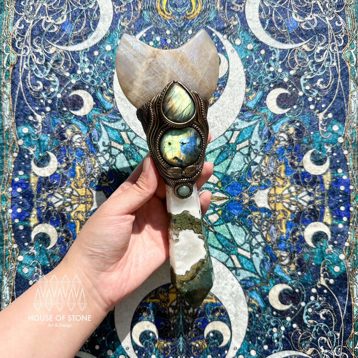 Natural Handmade Moss Agate Crystal Wand/Magic Witch Crystal Wand/Moonstone Labradorite Handle/Chakra/Manifest Altar Tool