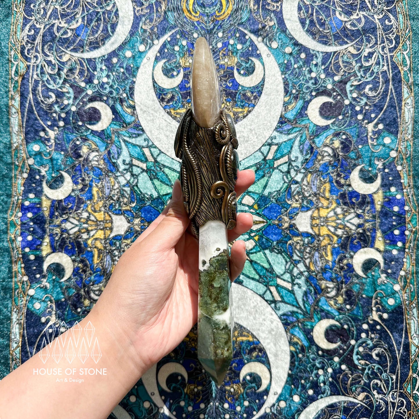 Natural Handmade Moss Agate Crystal Wand/Magic Witch Crystal Wand/Moonstone Labradorite Handle/Chakra/Manifest Altar Tool