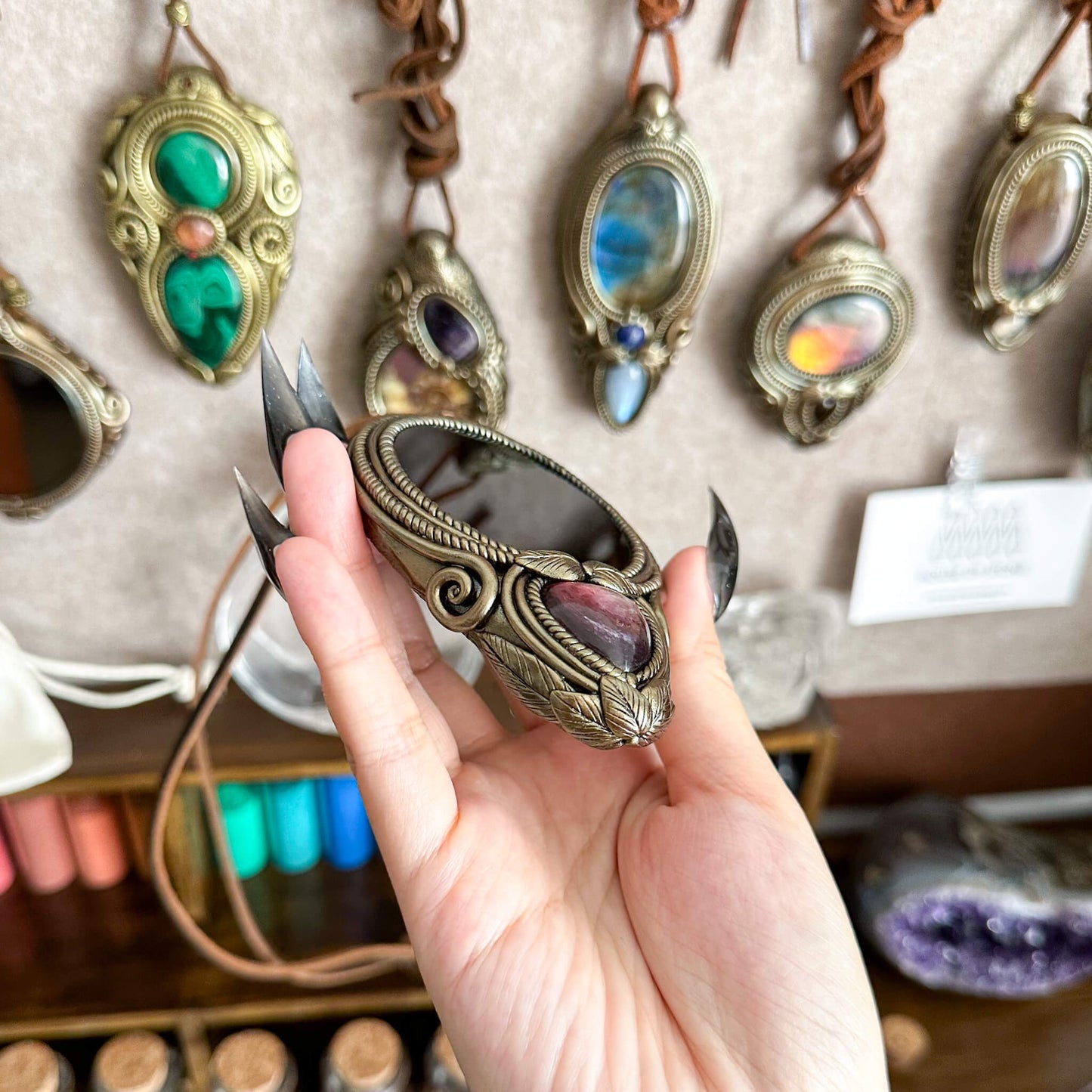 Natural Handmade Black Obsidian Pendant Necklace/Magic Obsidian Mirror Crystal Pendant/Scrying Mirror Purple Lepidolite Jewelry/Altar Tool