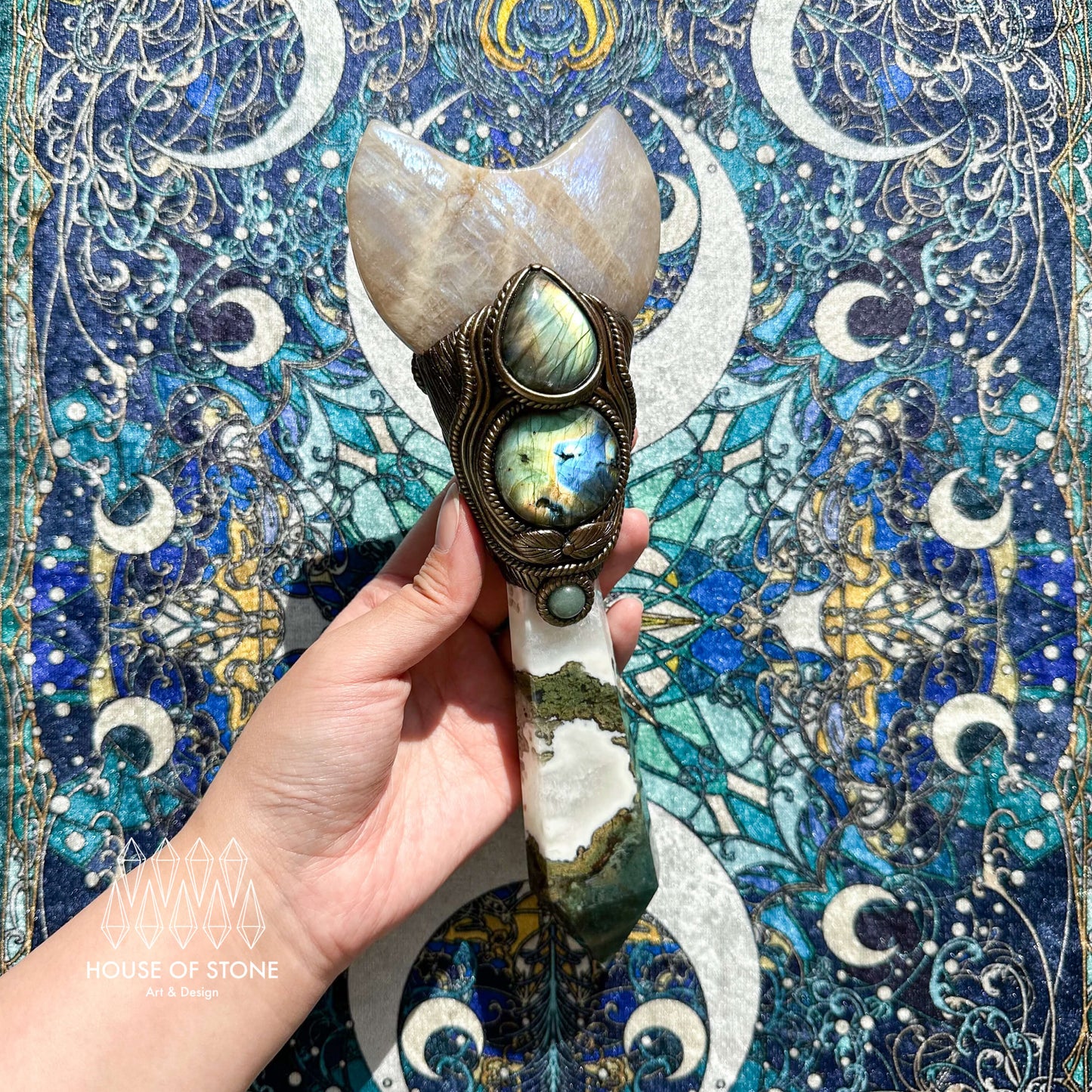 Natural Handmade Moss Agate Crystal Wand/Magic Witch Crystal Wand/Moonstone Labradorite Handle/Chakra/Manifest Altar Tool