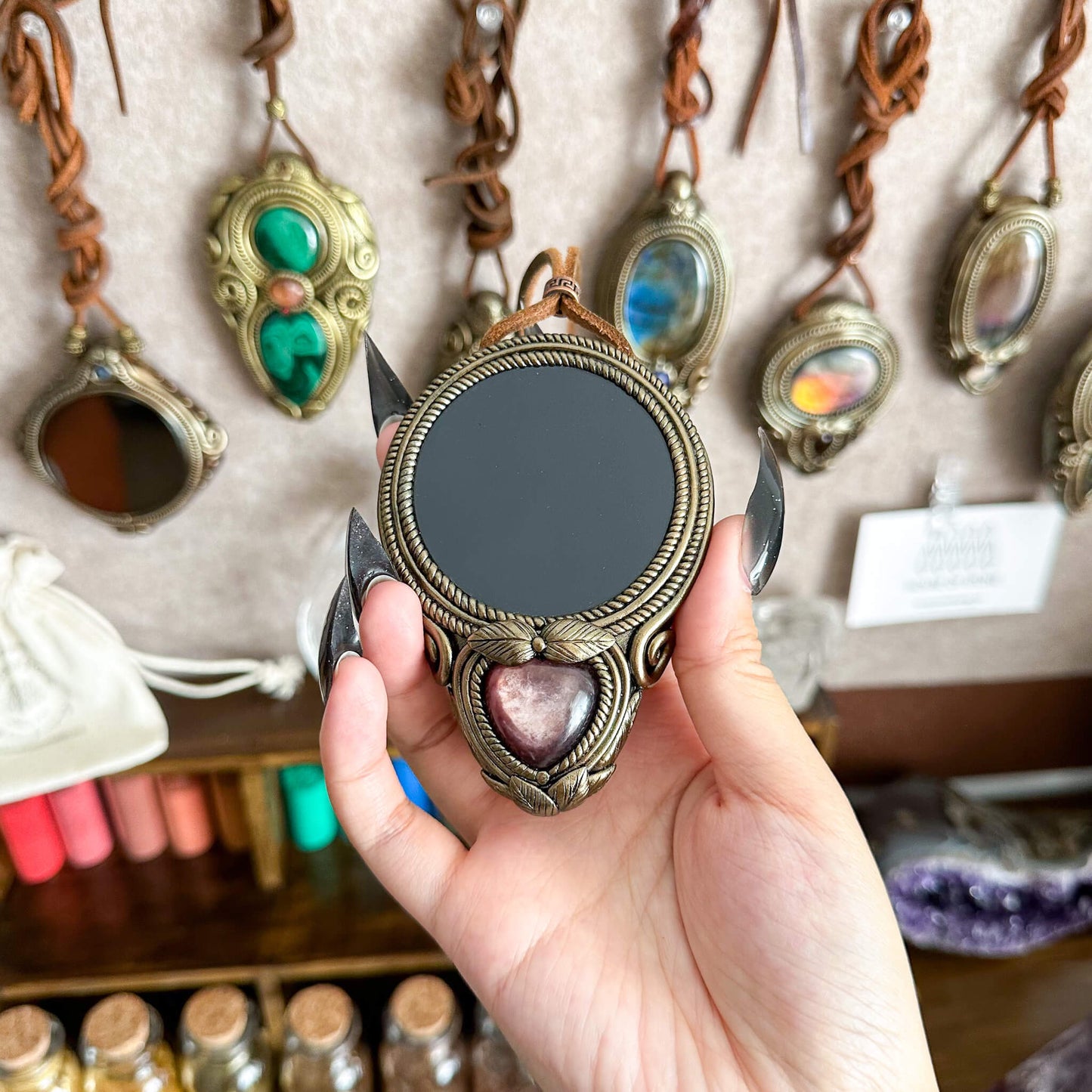 Natural Handmade Black Obsidian Pendant Necklace/Magic Obsidian Mirror Crystal Pendant/Scrying Mirror Purple Lepidolite Jewelry/Altar Tool