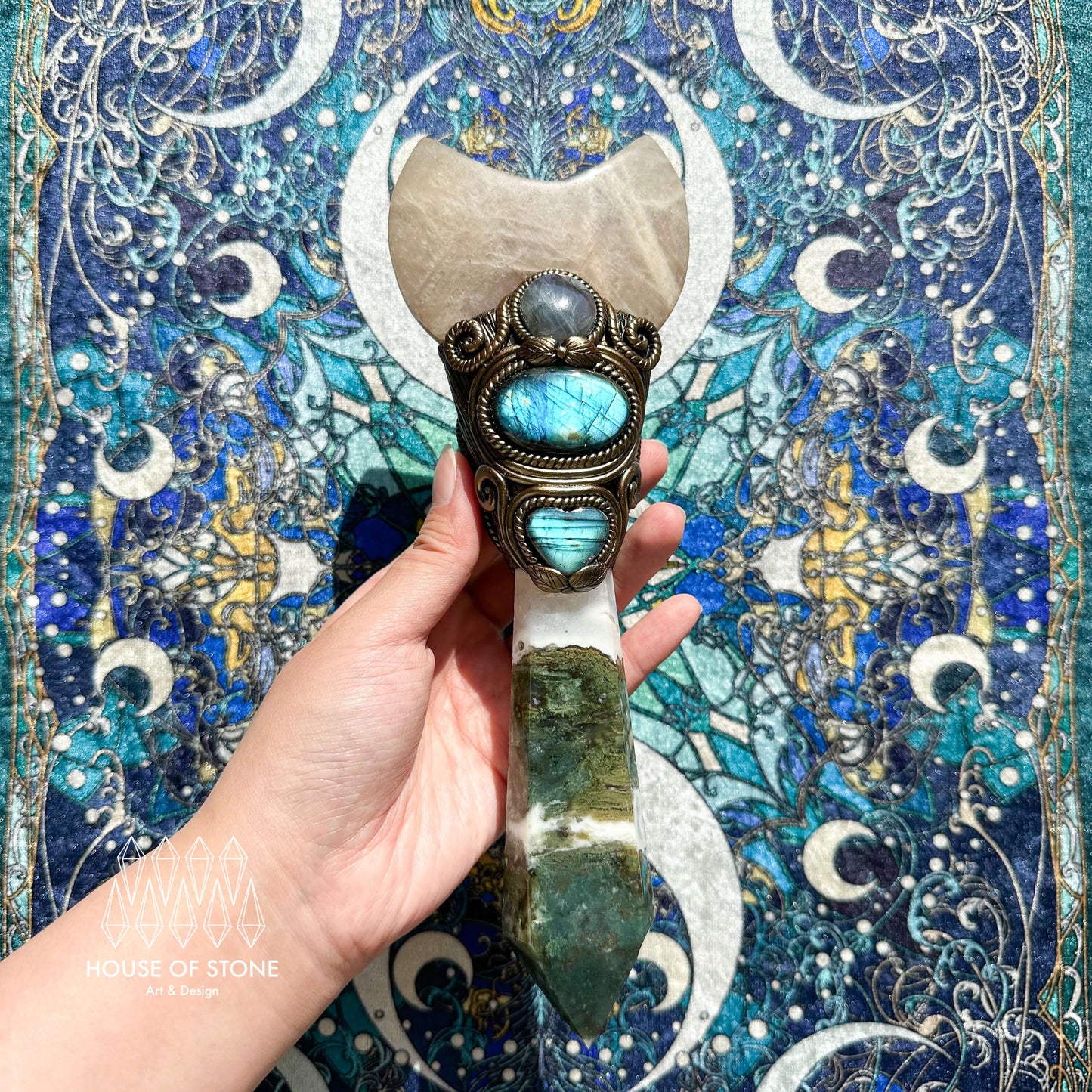 Natural Handmade Moss Agate Crystal Wand/Magic Witch Crystal Wand/Moonstone Labradorite Handle/Chakra/Manifest Altar Tool