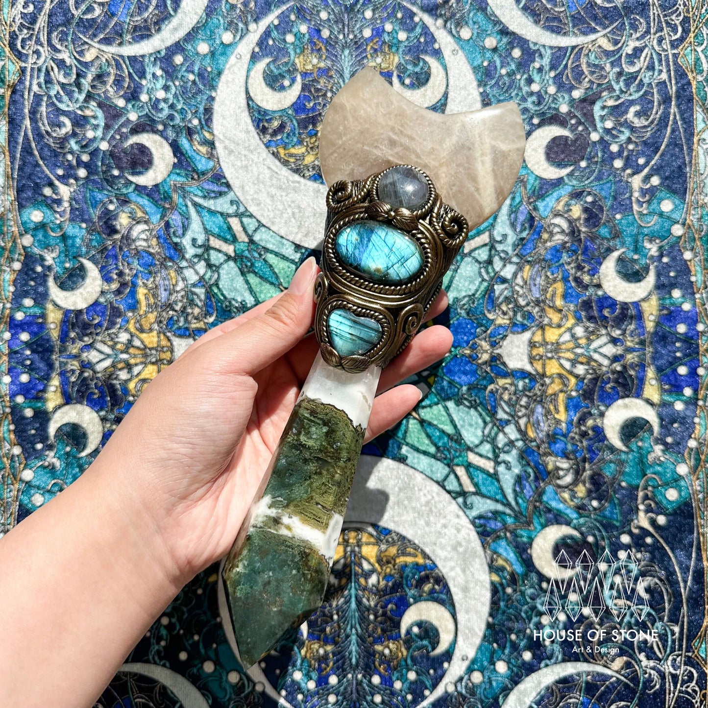 Natural Handmade Moss Agate Crystal Wand/Magic Witch Crystal Wand/Moonstone Labradorite Handle/Chakra/Manifest Altar Tool