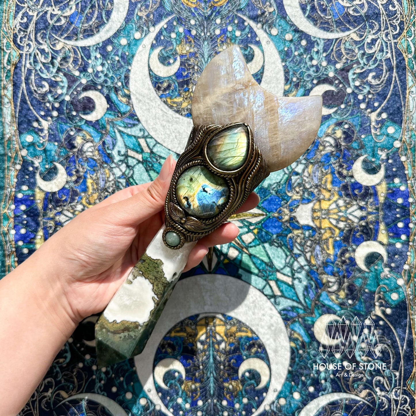 Natural Handmade Moss Agate Crystal Wand/Magic Witch Crystal Wand/Moonstone Labradorite Handle/Chakra/Manifest Altar Tool