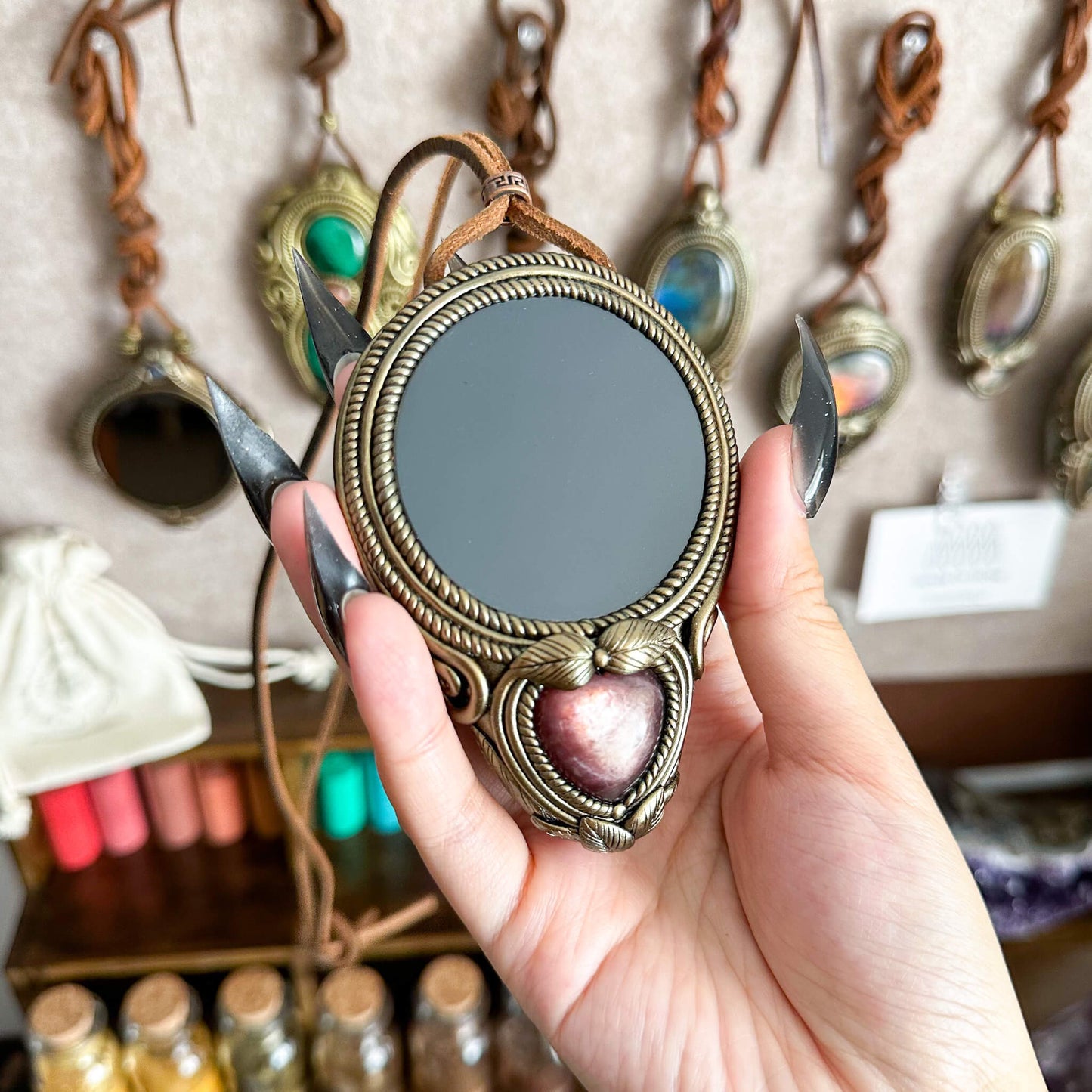 Natural Handmade Black Obsidian Pendant Necklace/Magic Obsidian Mirror Crystal Pendant/Scrying Mirror Purple Lepidolite Jewelry/Altar Tool