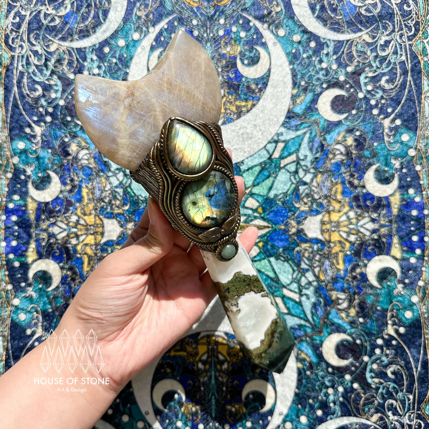 Natural Handmade Moss Agate Crystal Wand/Magic Witch Crystal Wand/Moonstone Labradorite Handle/Chakra/Manifest Altar Tool