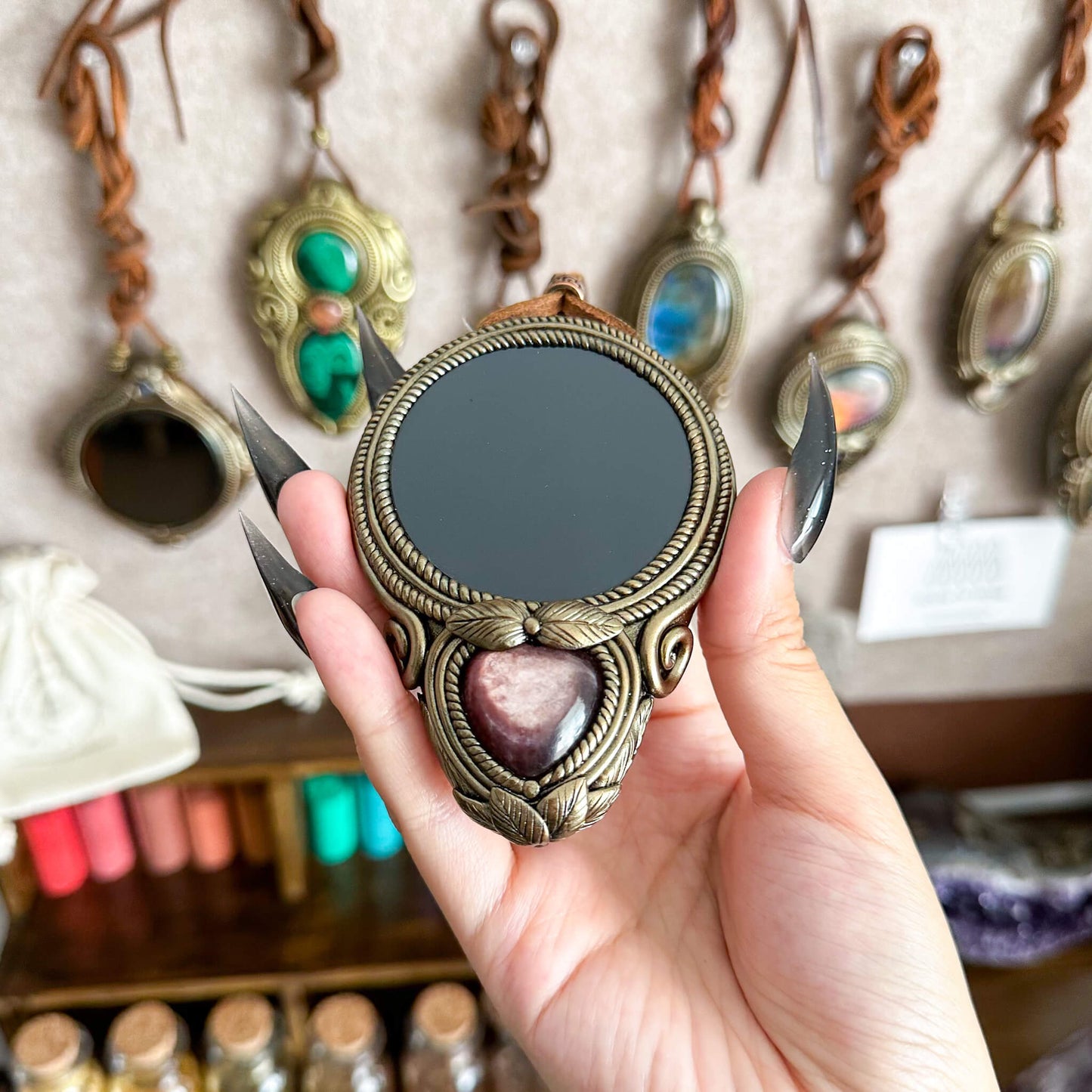 Natural Handmade Black Obsidian Pendant Necklace/Magic Obsidian Mirror Crystal Pendant/Scrying Mirror Purple Lepidolite Jewelry/Altar Tool