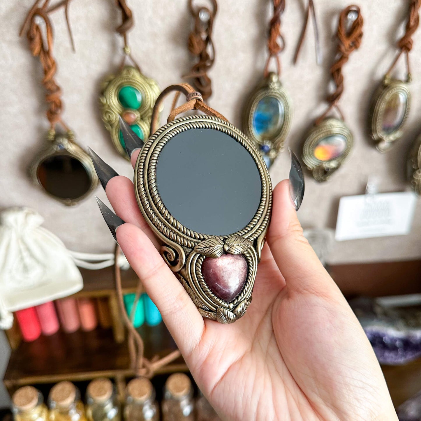 Natural Handmade Black Obsidian Pendant Necklace/Magic Obsidian Mirror Crystal Pendant/Scrying Mirror Purple Lepidolite Jewelry/Altar Tool