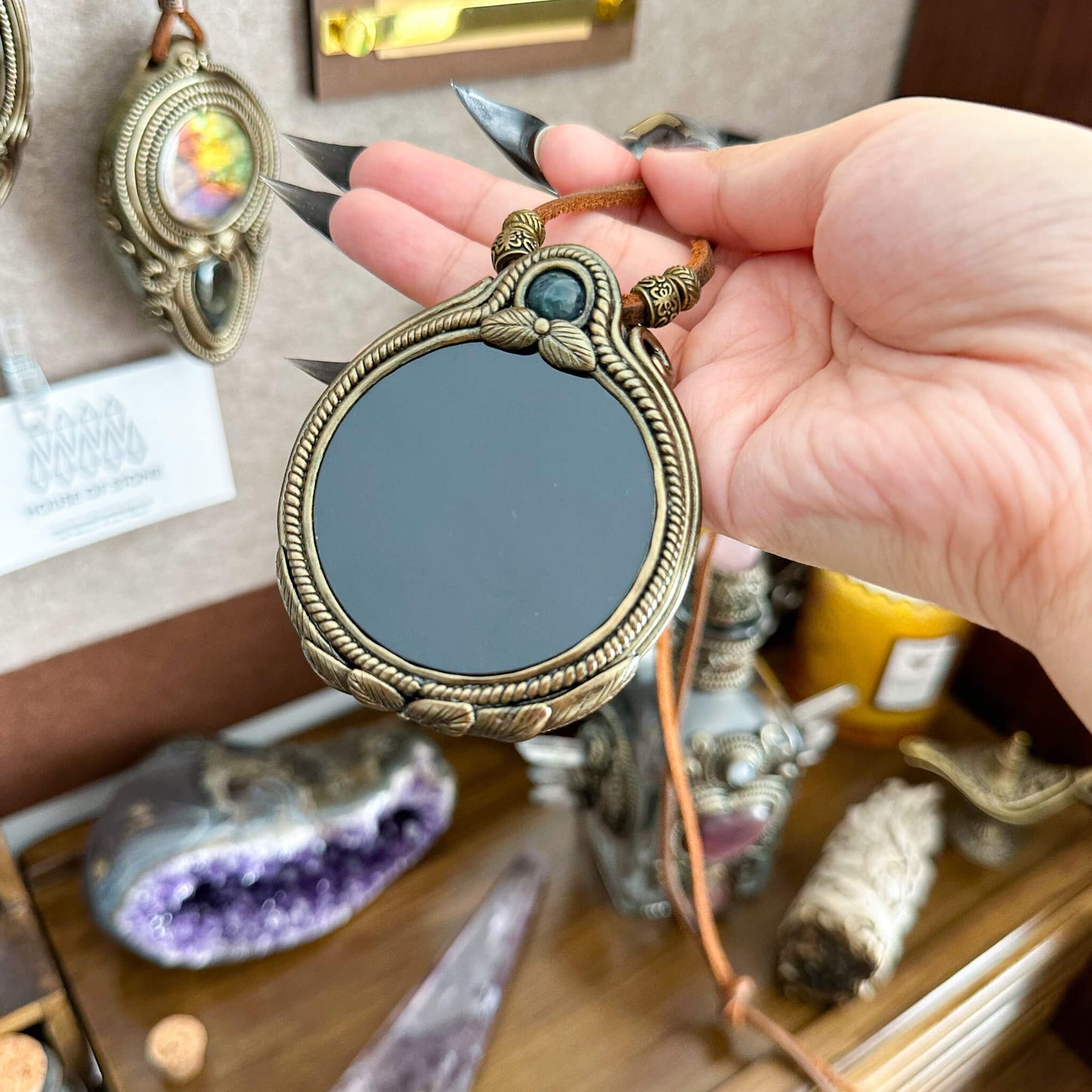 Natural Handmade Black Obsidian Pendant Necklace/Magic Obsidian Mirror Crystal Pendant/Scrying Mirror Moss Agate Jewelry/Chakra/Altar Tool