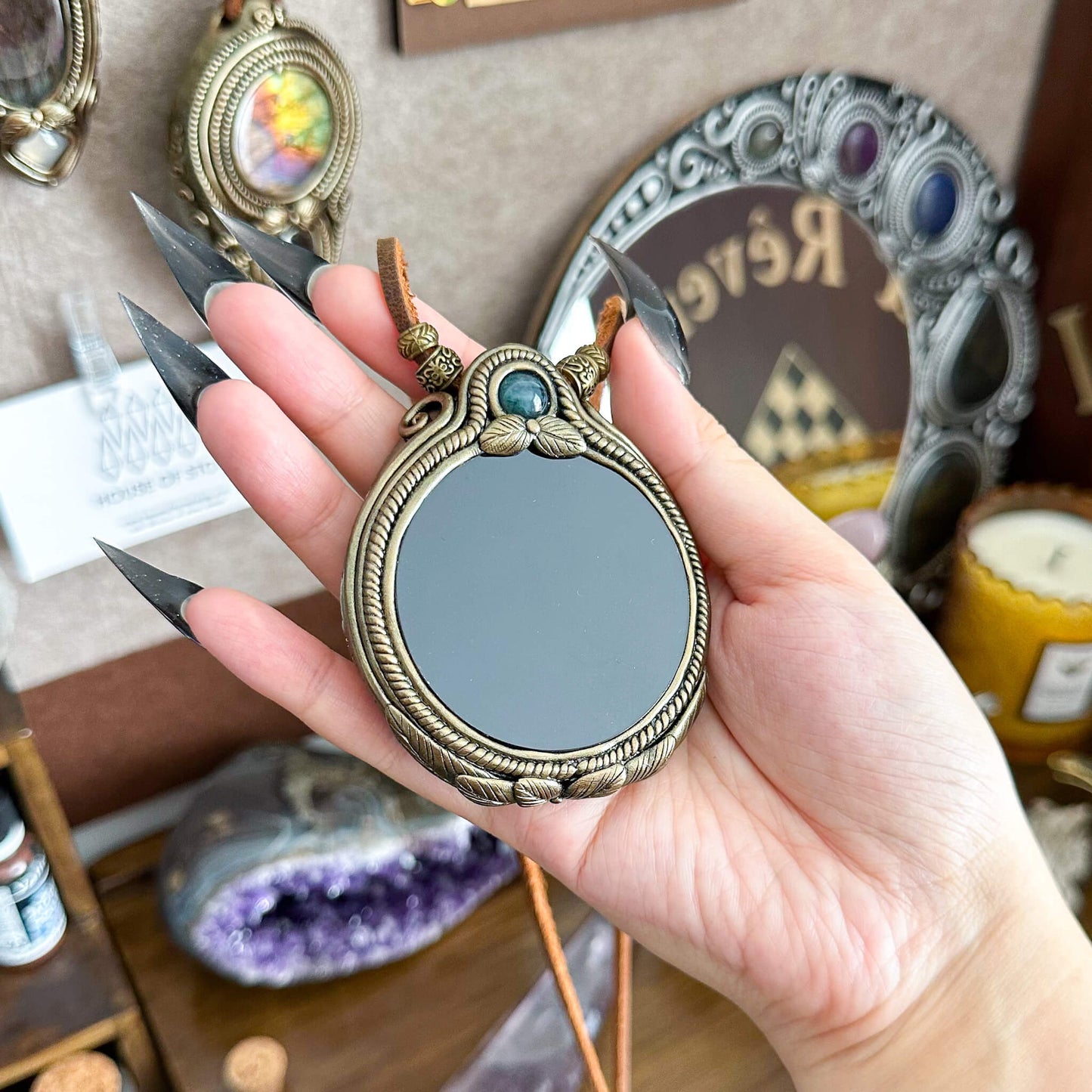 Natural Handmade Black Obsidian Pendant Necklace/Magic Obsidian Mirror Crystal Pendant/Scrying Mirror Moss Agate Jewelry/Chakra/Altar Tool