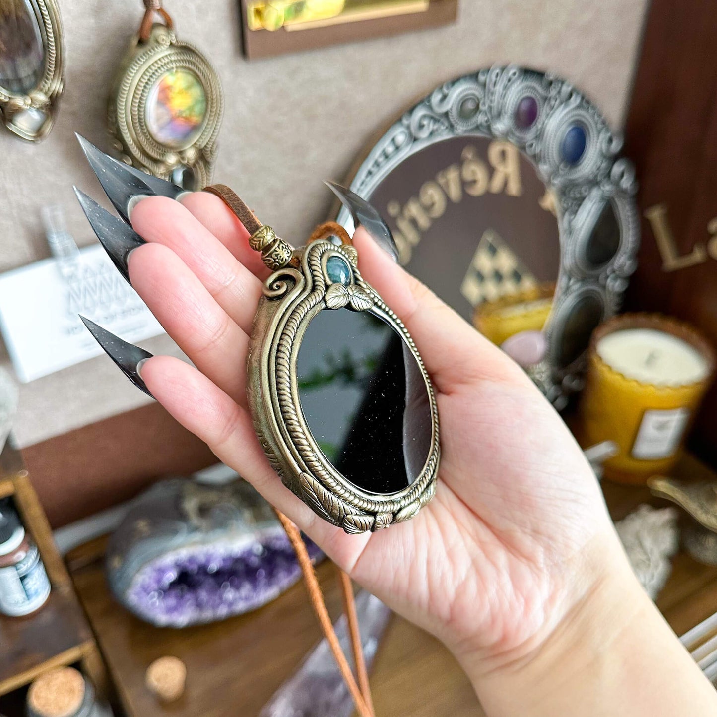 Natural Handmade Black Obsidian Pendant Necklace/Magic Obsidian Mirror Crystal Pendant/Scrying Mirror Moss Agate Jewelry/Chakra/Altar Tool