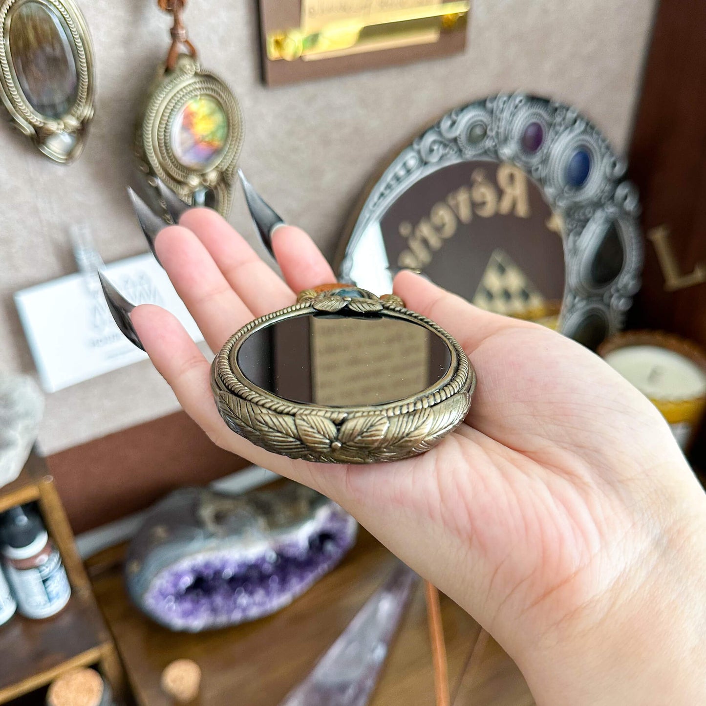 Natural Handmade Black Obsidian Pendant Necklace/Magic Obsidian Mirror Crystal Pendant/Scrying Mirror Moss Agate Jewelry/Chakra/Altar Tool